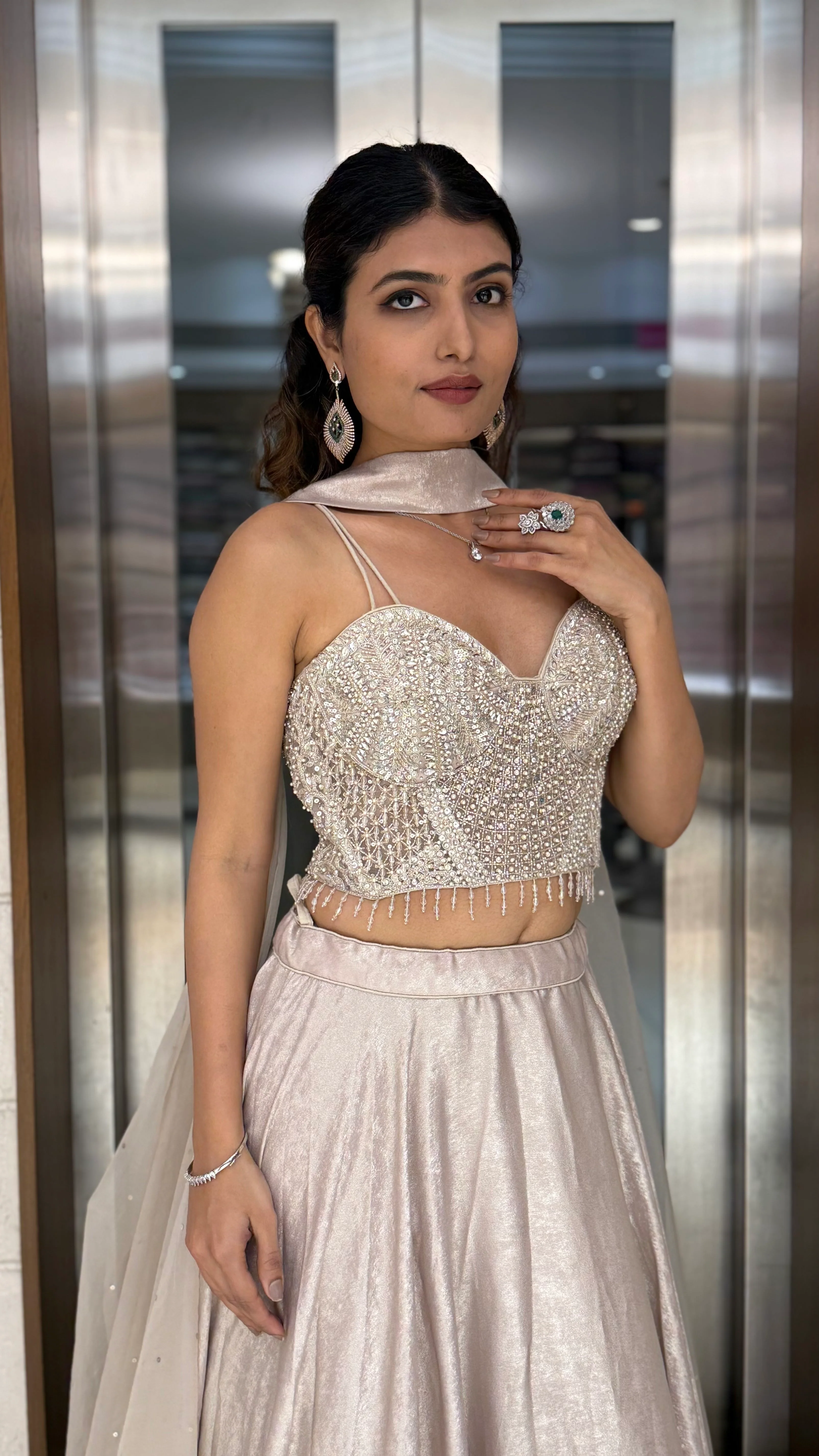 Ivory Pearl-Embellished Designer Lehenga Set with Sheer Dupatta - Image 5