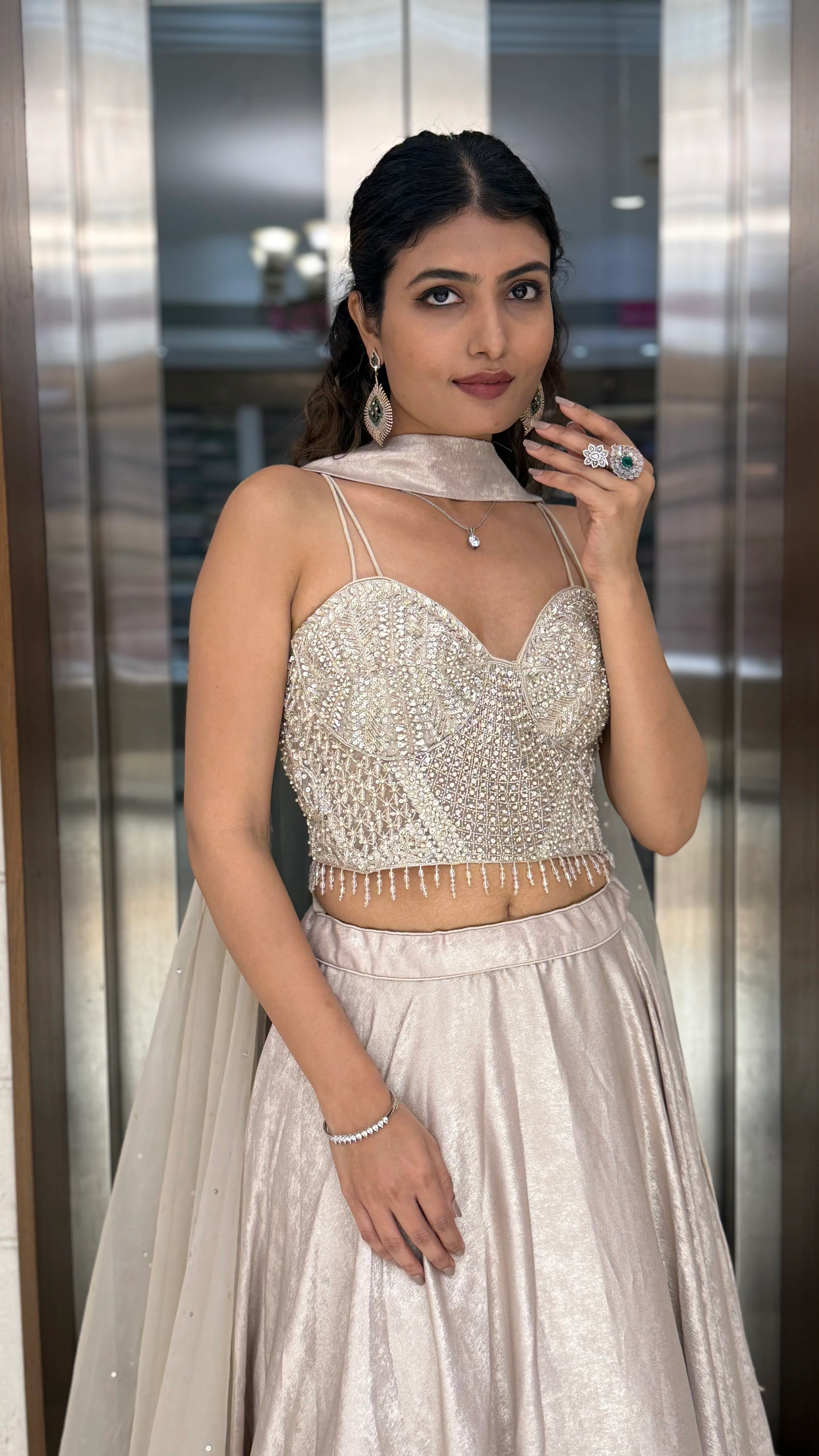 Ivory Pearl-Embellished Designer Lehenga Set with Sheer Dupatta - Image 6