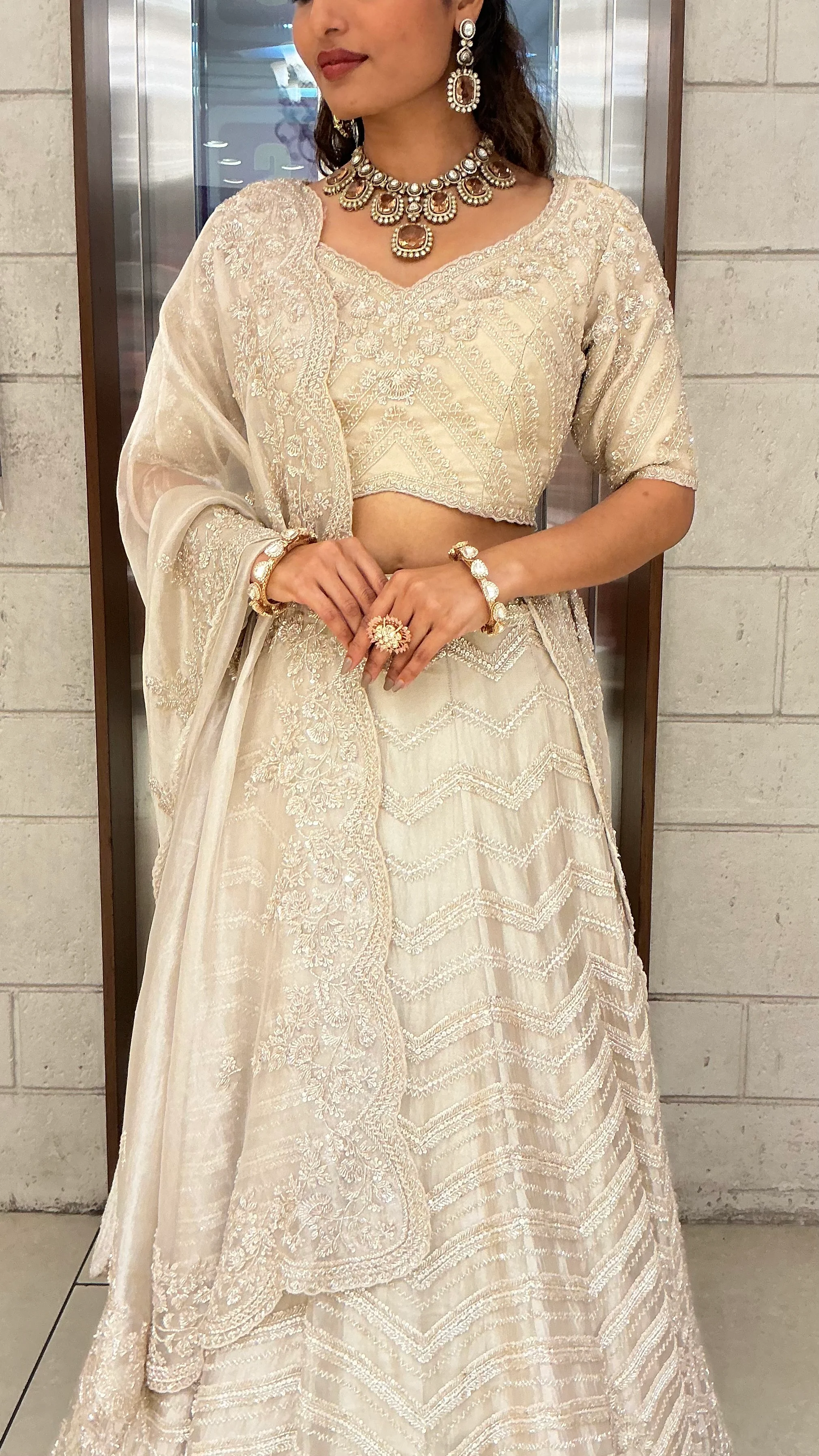Ivory Pearl White Embroidered Designer Lehenga Choli with Scalloped Net Dupatta - Image 2