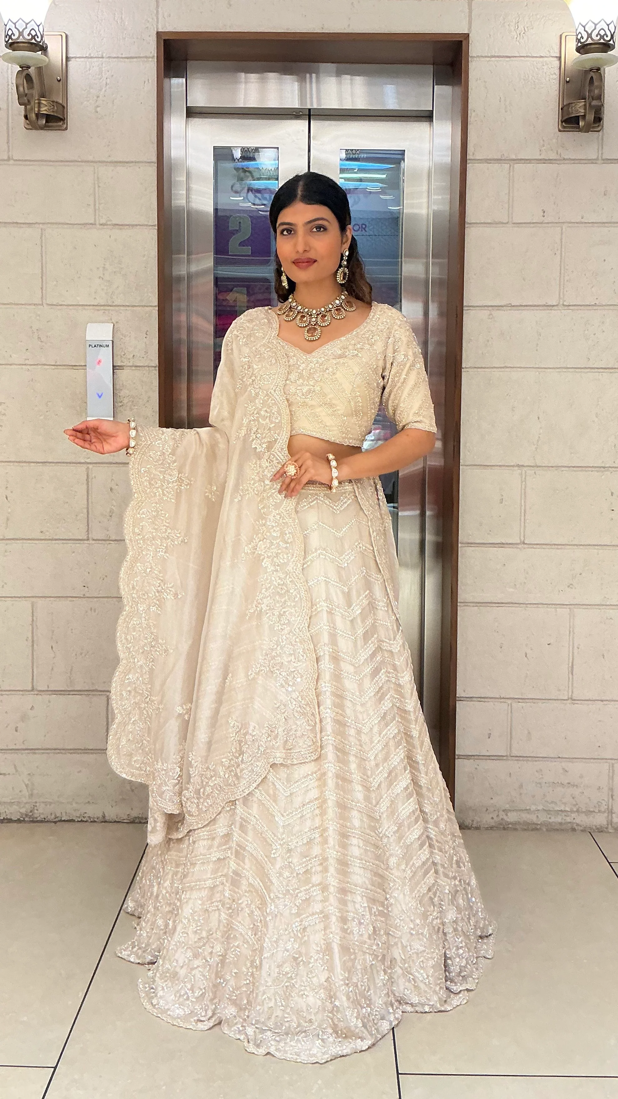 Ivory Pearl White Embroidered Designer Lehenga Choli with Scalloped Net Dupatta - Image 3