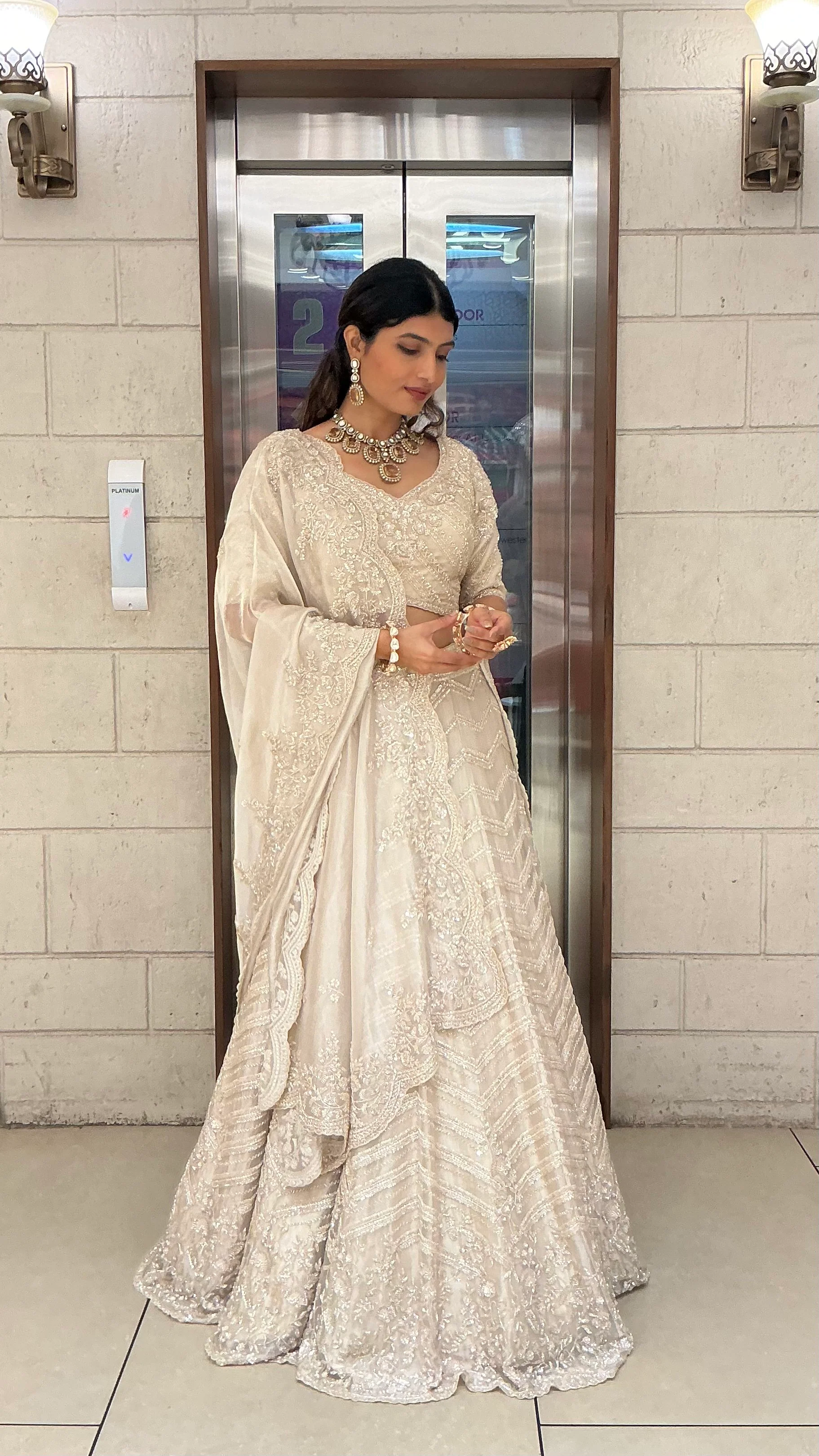 Ivory Pearl White Embroidered Designer Lehenga Choli with Scalloped Net Dupatta - Image 4