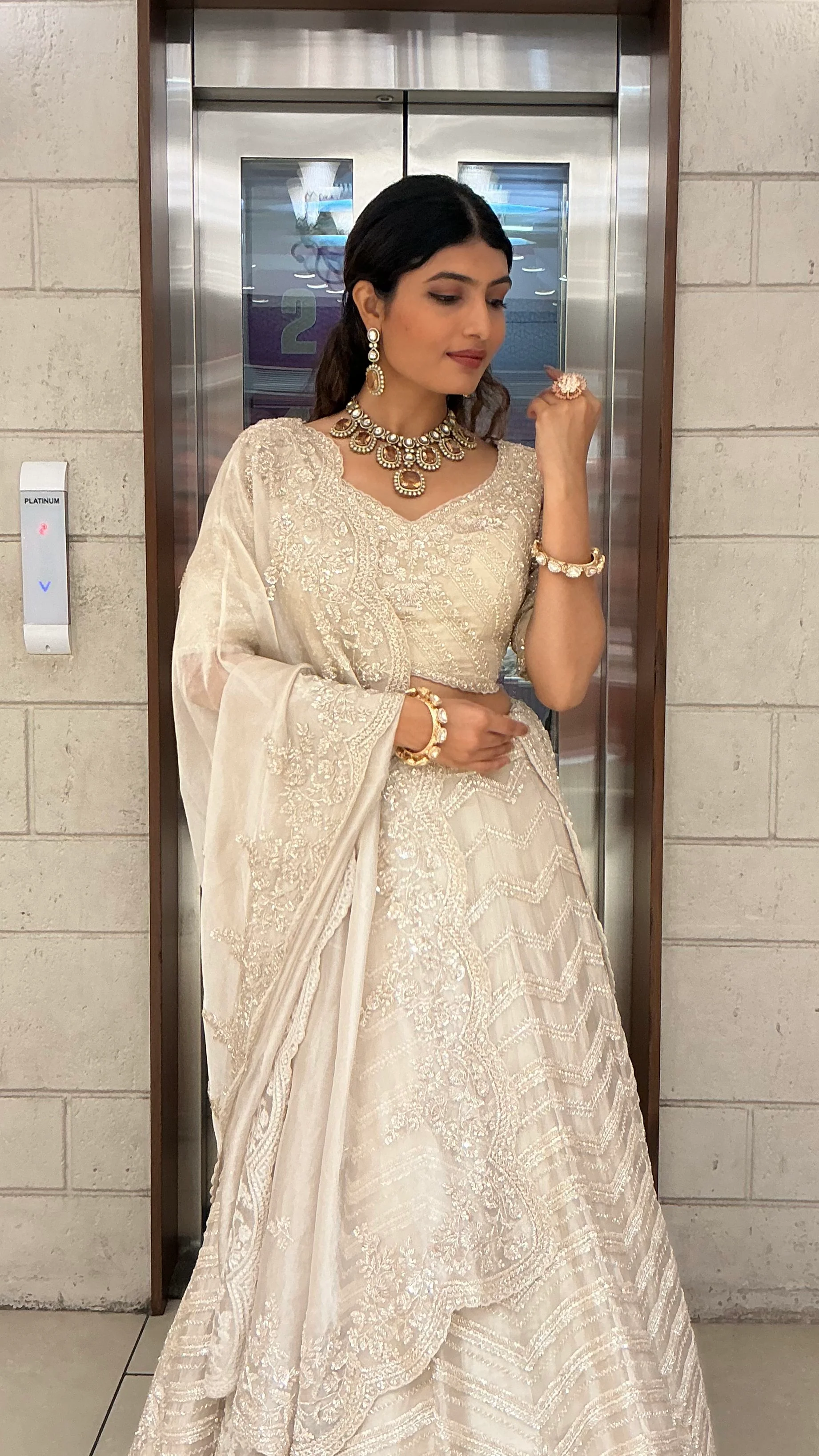 Ivory Pearl White Embroidered Designer Lehenga Choli with Scalloped Net Dupatta - Image 6