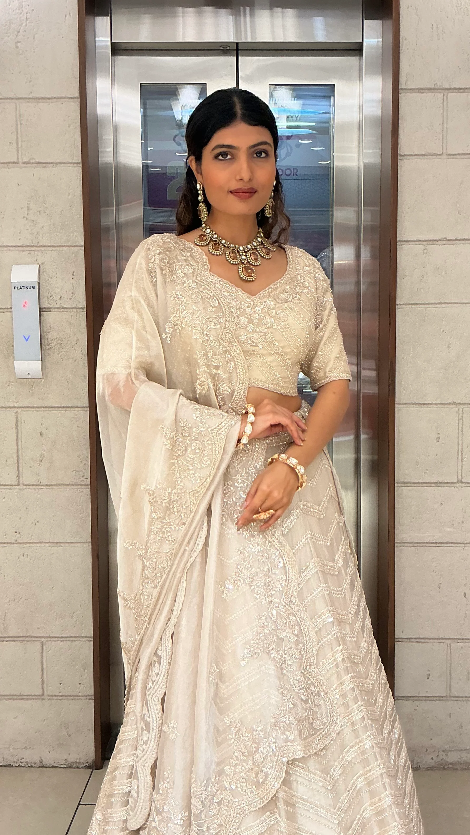 Ivory Pearl White Embroidered Designer Lehenga Choli with Scalloped Net Dupatta - Image 7