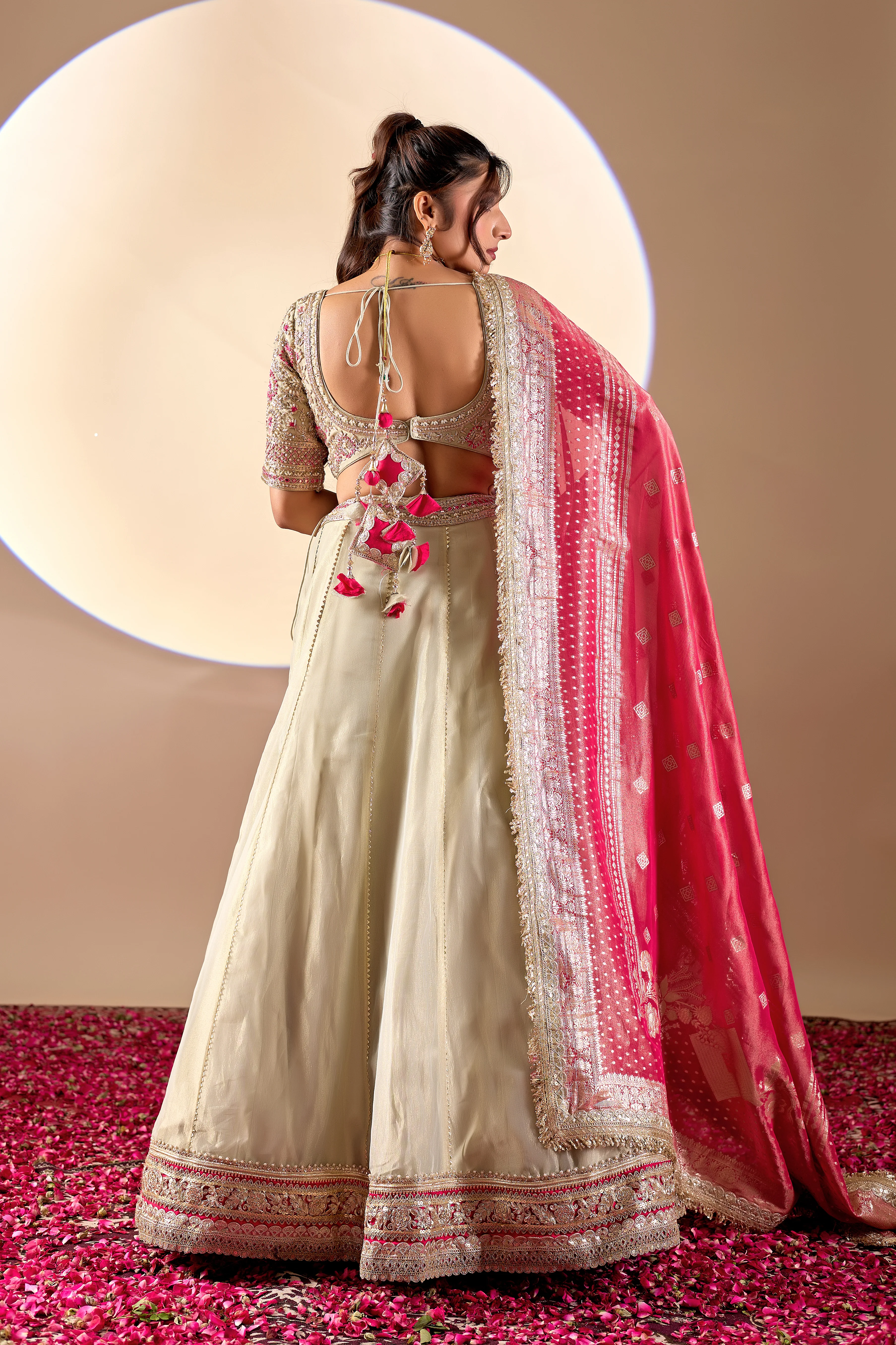 Ivory & Pink Bridal Lehenga Set with Banarasi Dupatta - Image 4