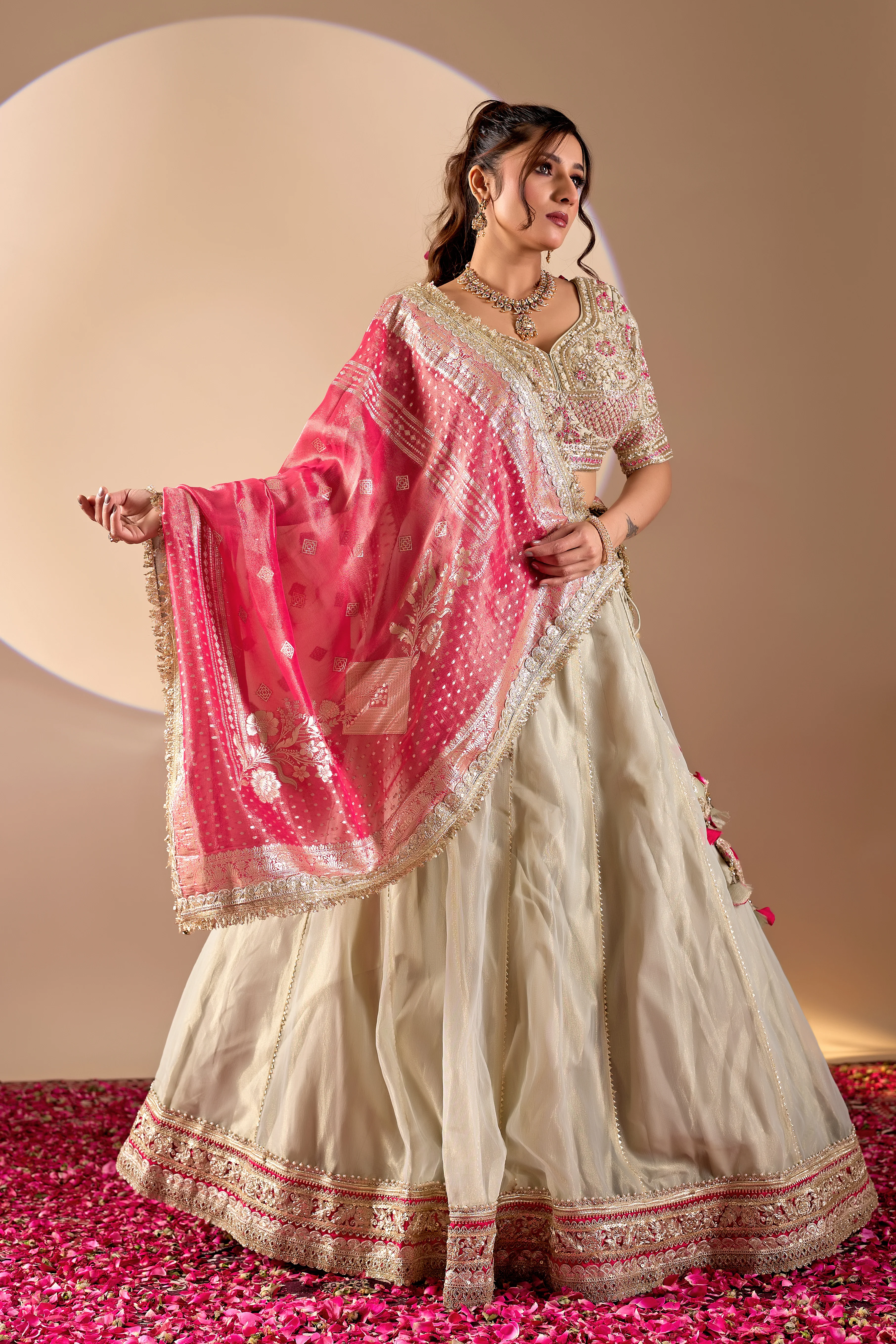 Ivory & Pink Bridal Lehenga Set with Banarasi Dupatta - Image 5