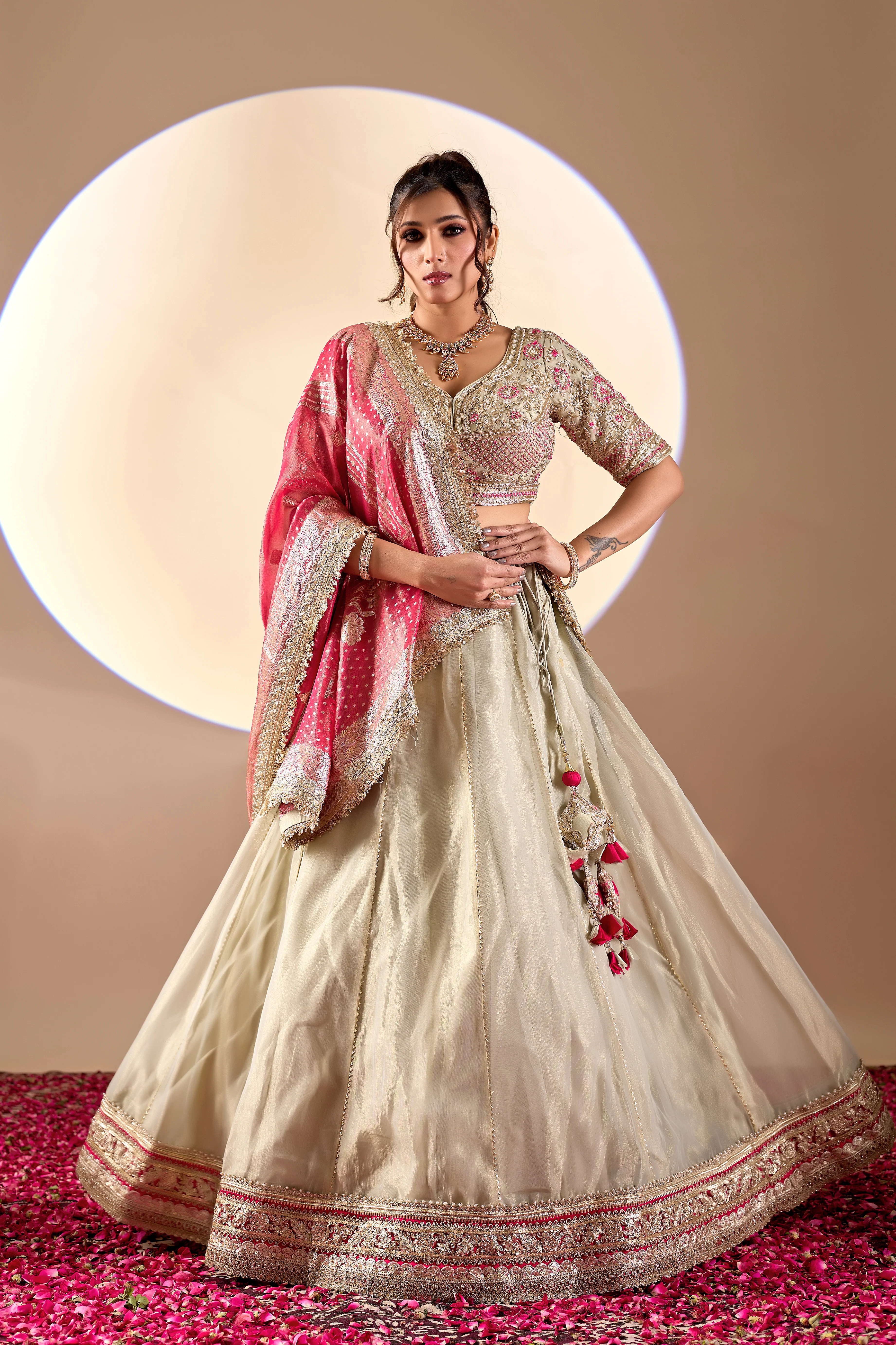 Ivory & Pink Bridal Lehenga Set with Banarasi Dupatta - Image 6