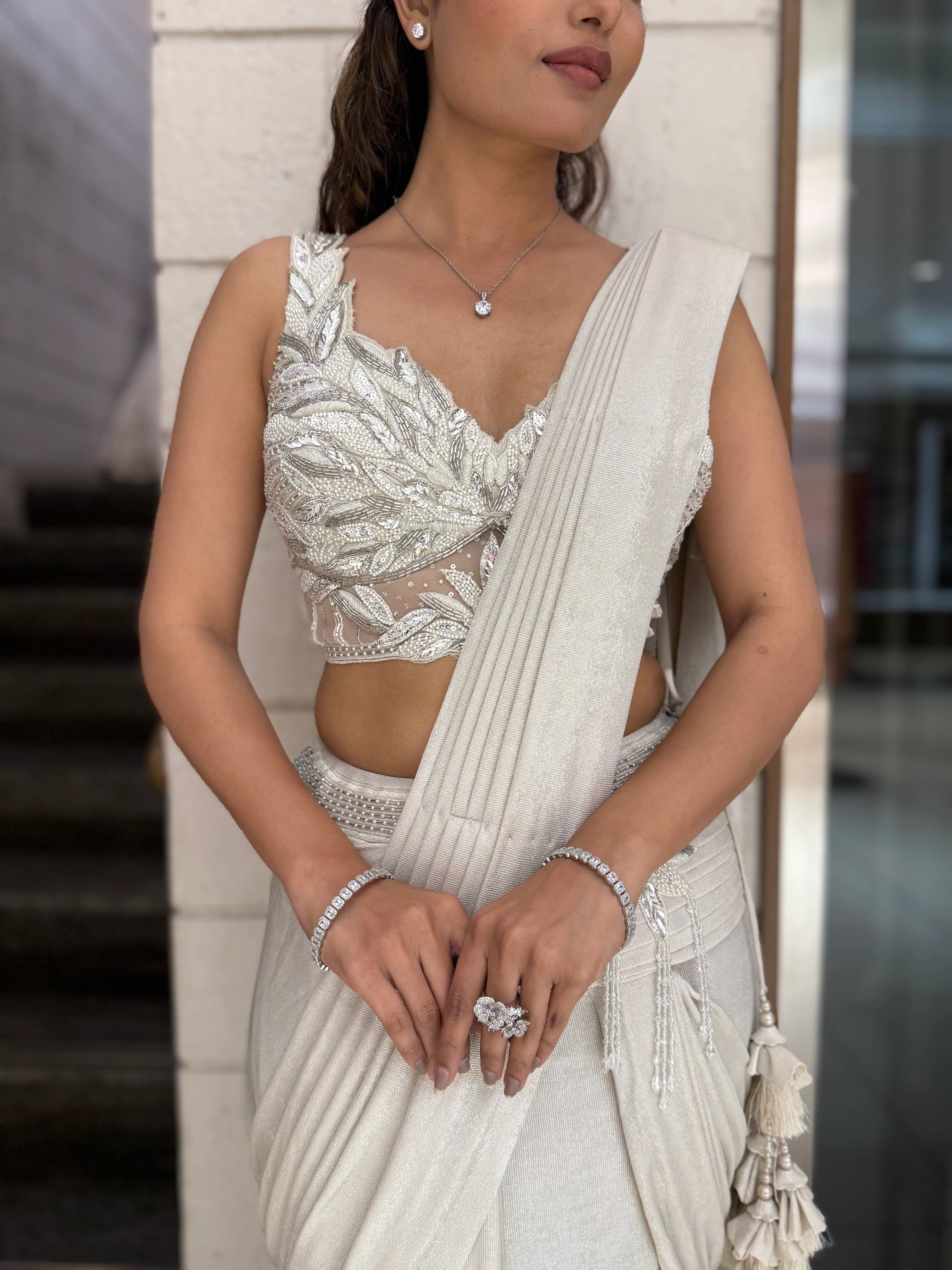 Ivory Ready-to-Wear Drape Saree with Heavy Embellished Cutwork Blouse - Image 2