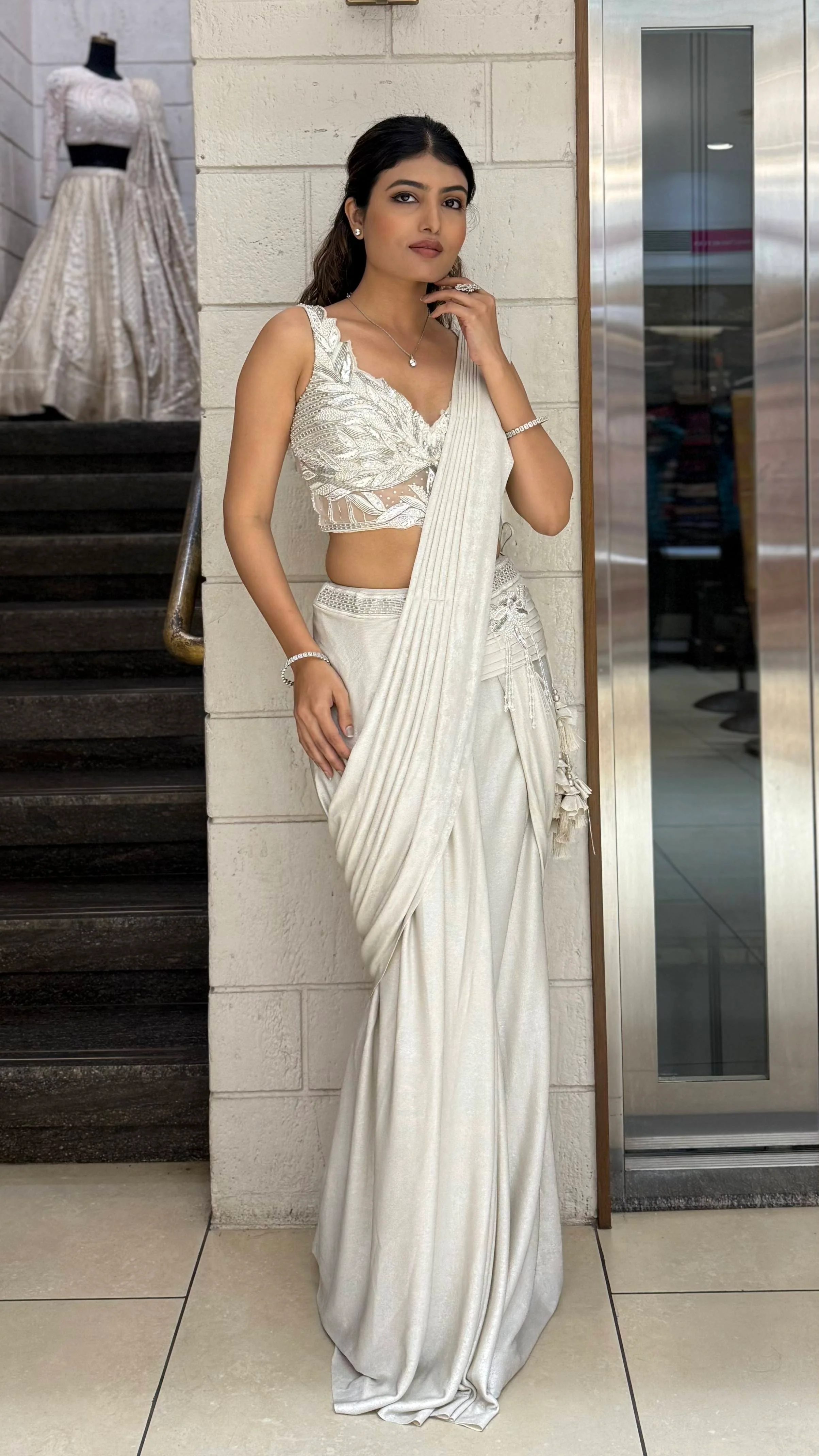 Ivory Ready-to-Wear Drape Saree with Heavy Embellished Cutwork Blouse - Image 3