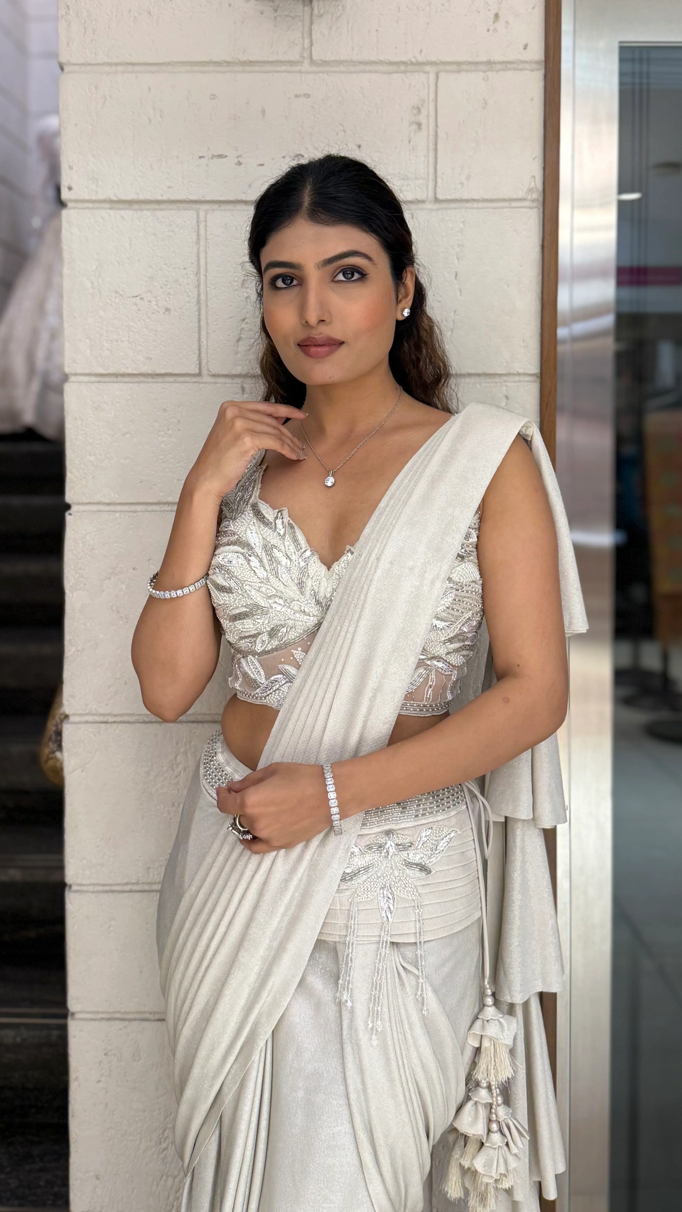 Ivory Ready-to-Wear Drape Saree with Heavy Embellished Cutwork Blouse - Image 4