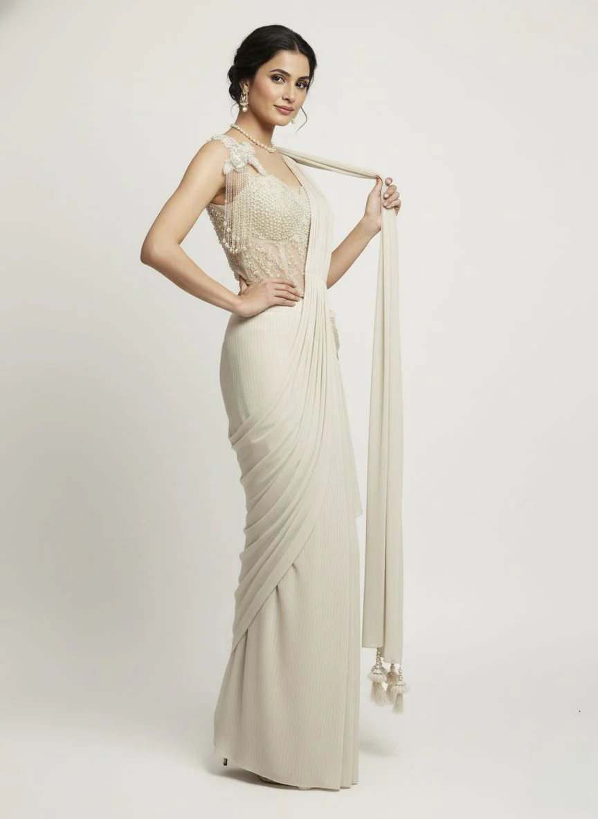 Ivory Ready-to-Wear Saree with Pearl Embellished Blouse - Image 3