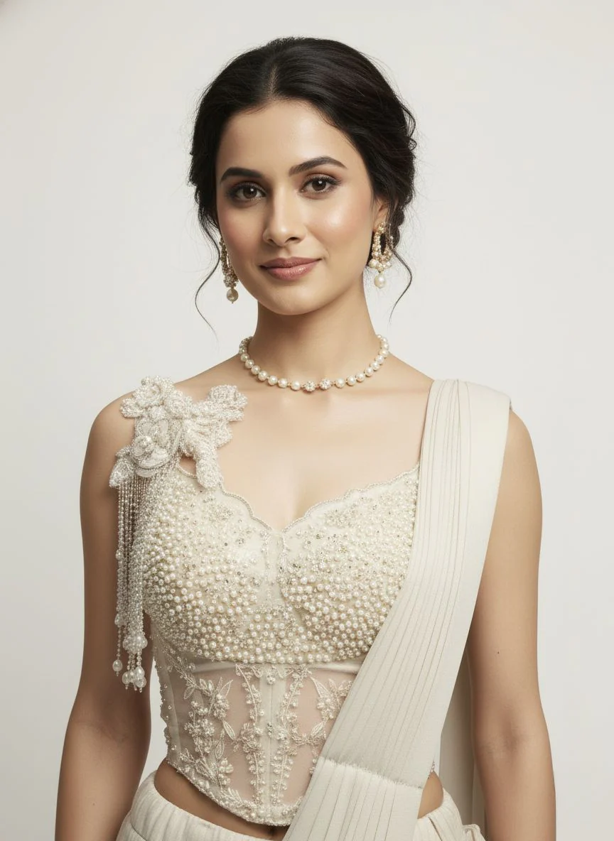 Ivory Ready-to-Wear Saree with Pearl Embellished Blouse - Image 4