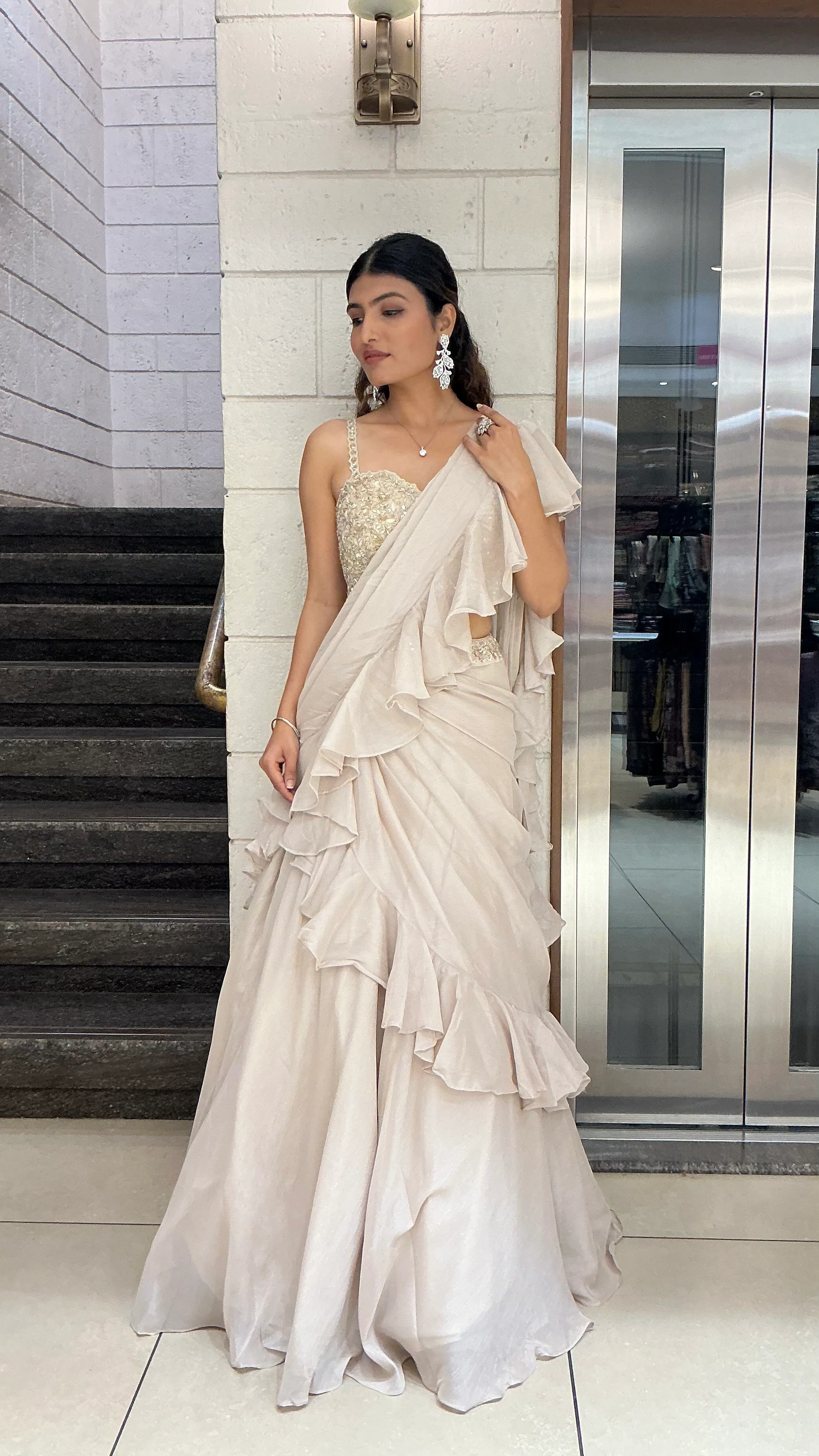 Ivory Ruffle Drape Designer Lehenga Saree Set - Image 3