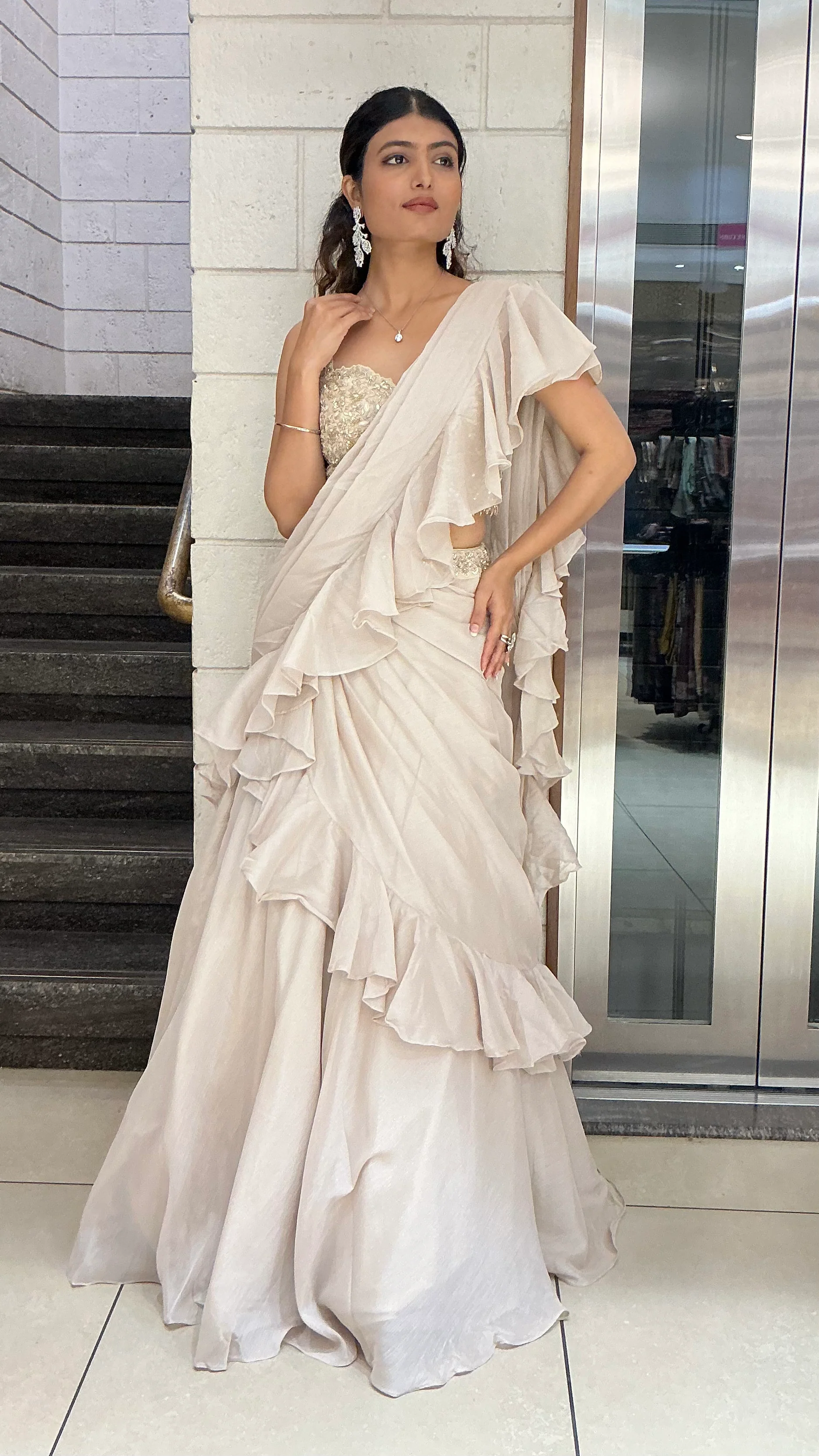 Ivory Ruffle Drape Designer Lehenga Saree Set - Image 4