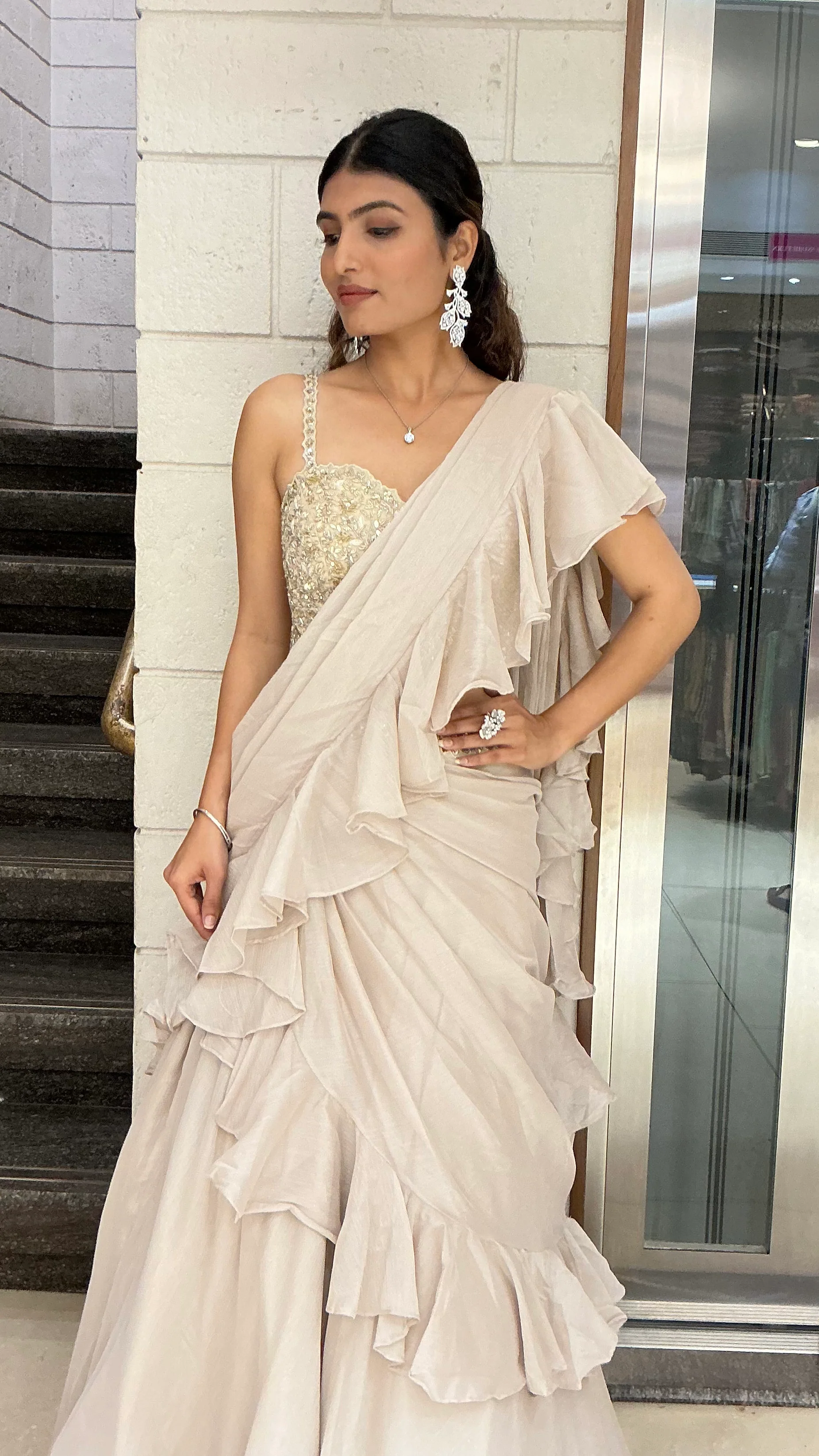 Ivory Ruffle Drape Designer Lehenga Saree Set - Image 5
