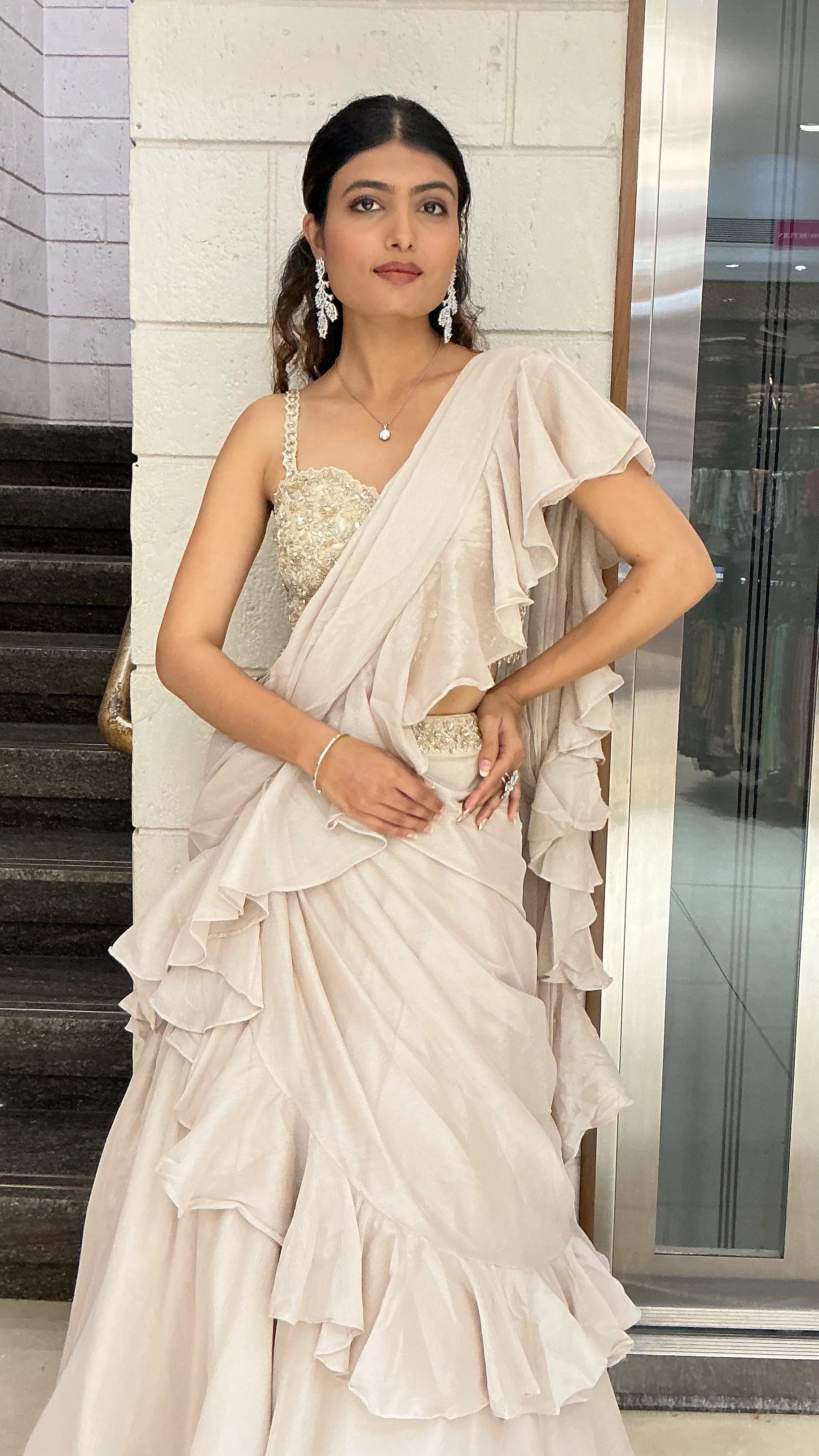 Ivory Ruffle Drape Designer Lehenga Saree Set - Image 6