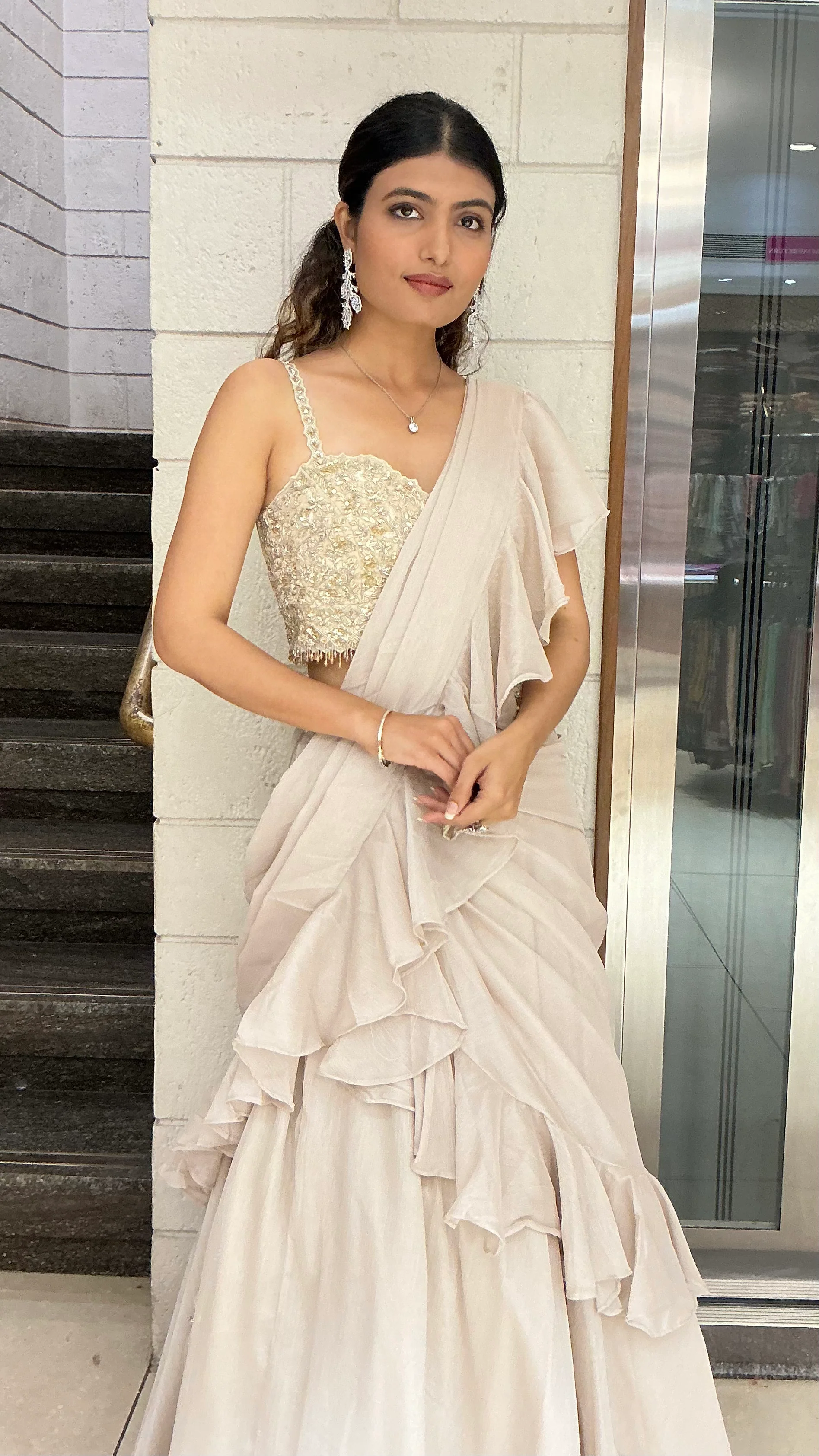 Ivory Ruffle Drape Designer Lehenga Saree Set - Image 7