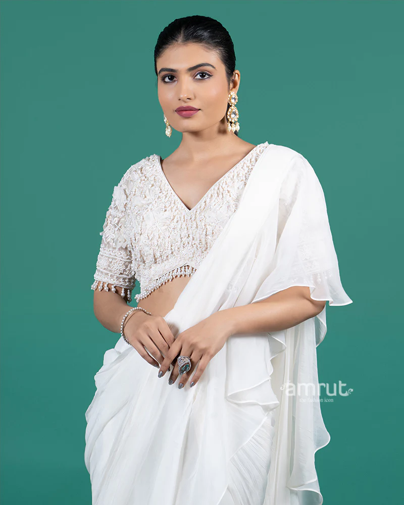 Ivory Ruffle Ready-to-Wear Saree with Pearl Embellished Blouse - Image 2