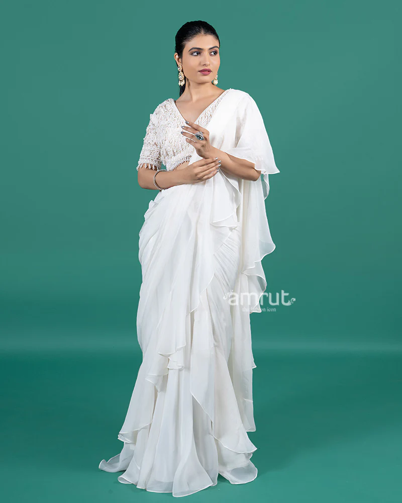 Ivory Ruffle Ready-to-Wear Saree with Pearl Embellished Blouse - Image 4