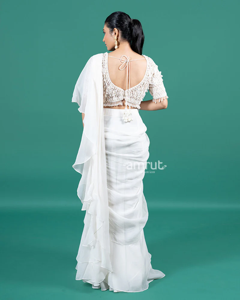 Ivory Ruffle Ready-to-Wear Saree with Pearl Embellished Blouse - Image 5