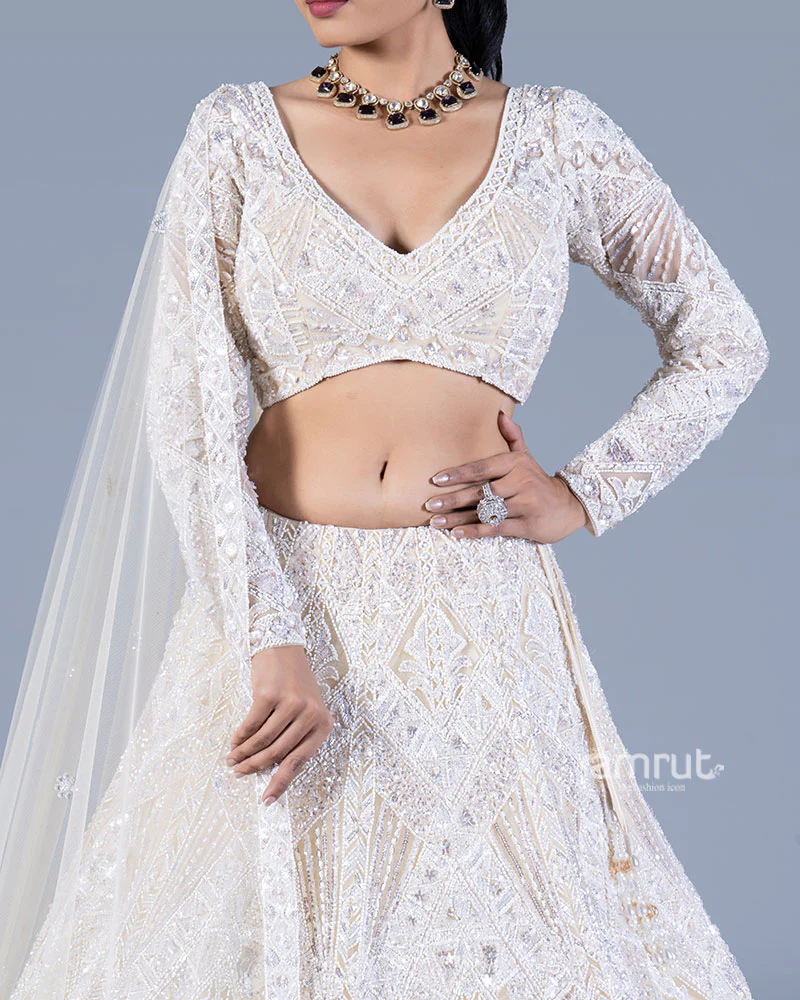Ivory Sequin Embroidered Lehenga with V-Neck Choli and Dupatta - Image 3