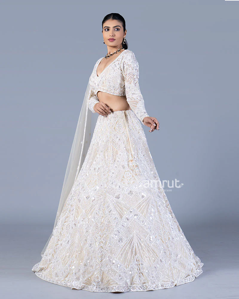 Ivory Sequin Embroidered Lehenga with V-Neck Choli and Dupatta - Image 4