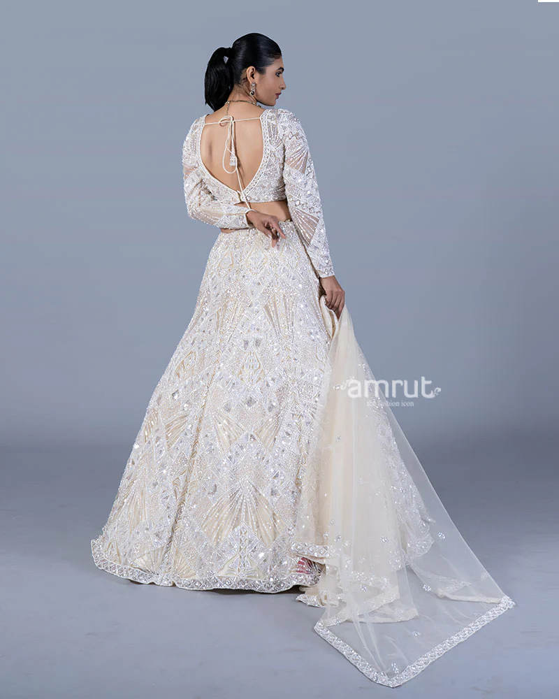 Ivory Sequin Embroidered Lehenga with V-Neck Choli and Dupatta - Image 5