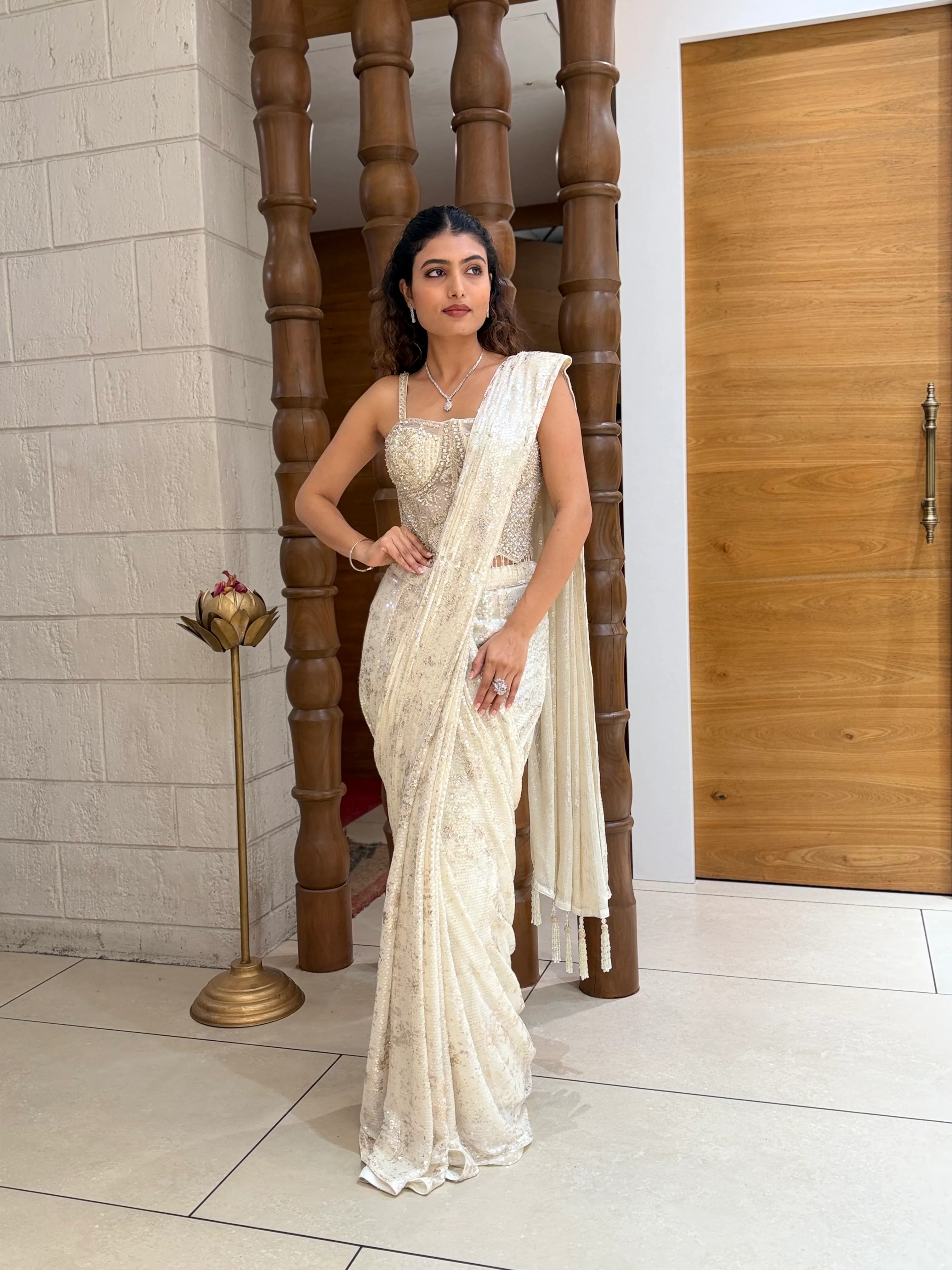 Ivory Sequin Ready-to-Wear Saree with Embellished Corset Blouse - Image 3