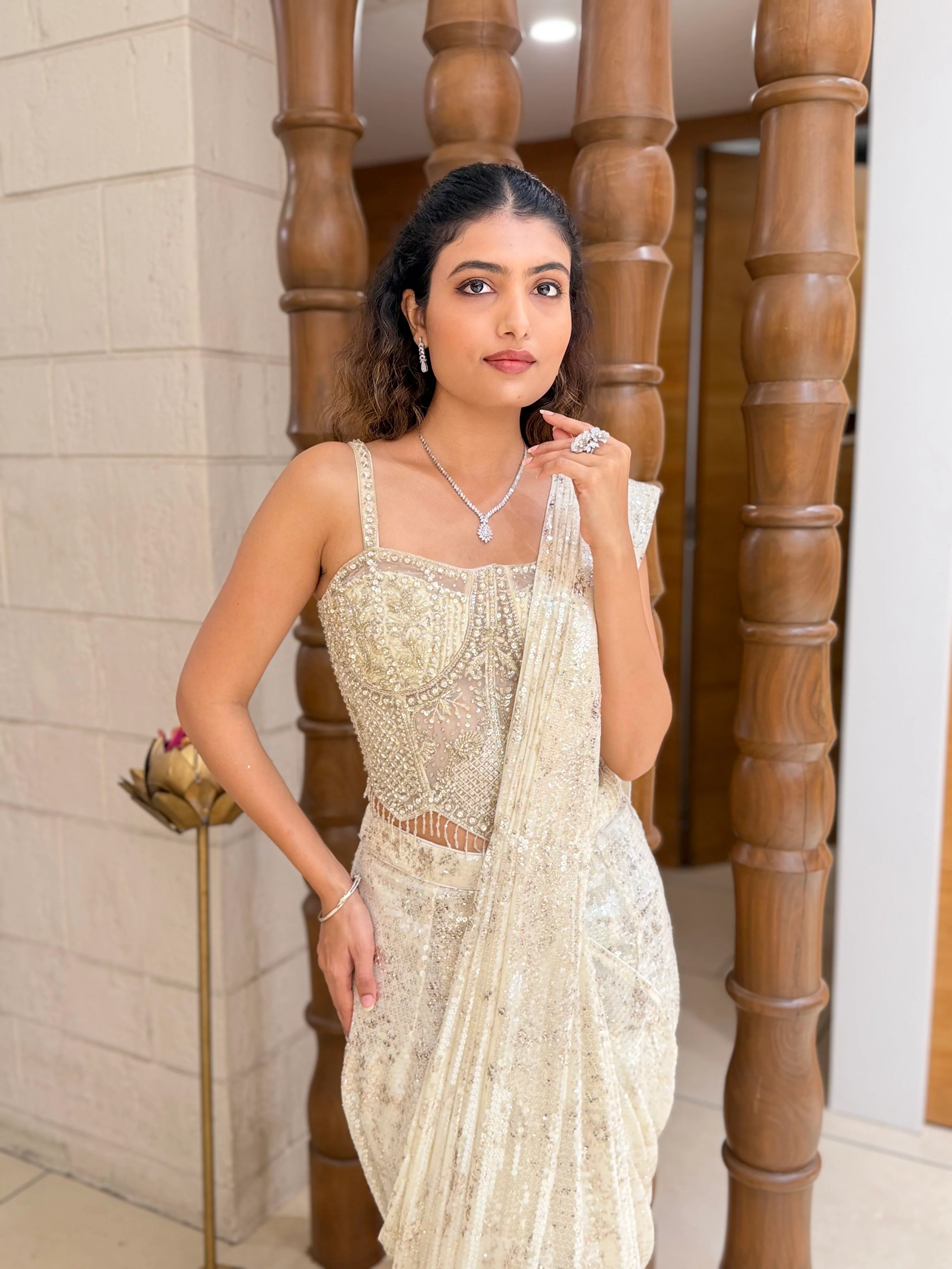 Ivory Sequin Ready-to-Wear Saree with Embellished Corset Blouse - Image 4