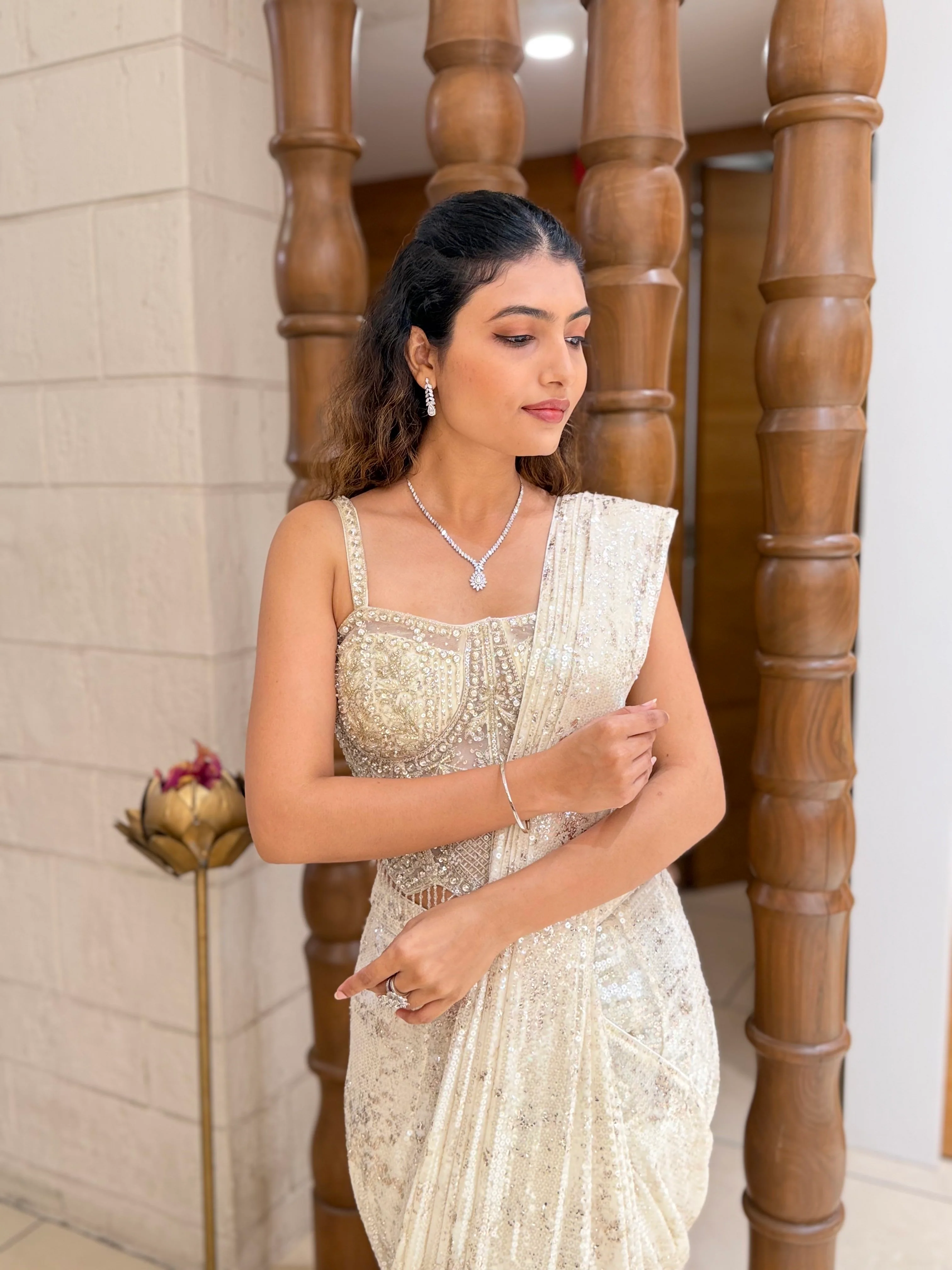Ivory Sequin Ready-to-Wear Saree with Embellished Corset Blouse - Image 5