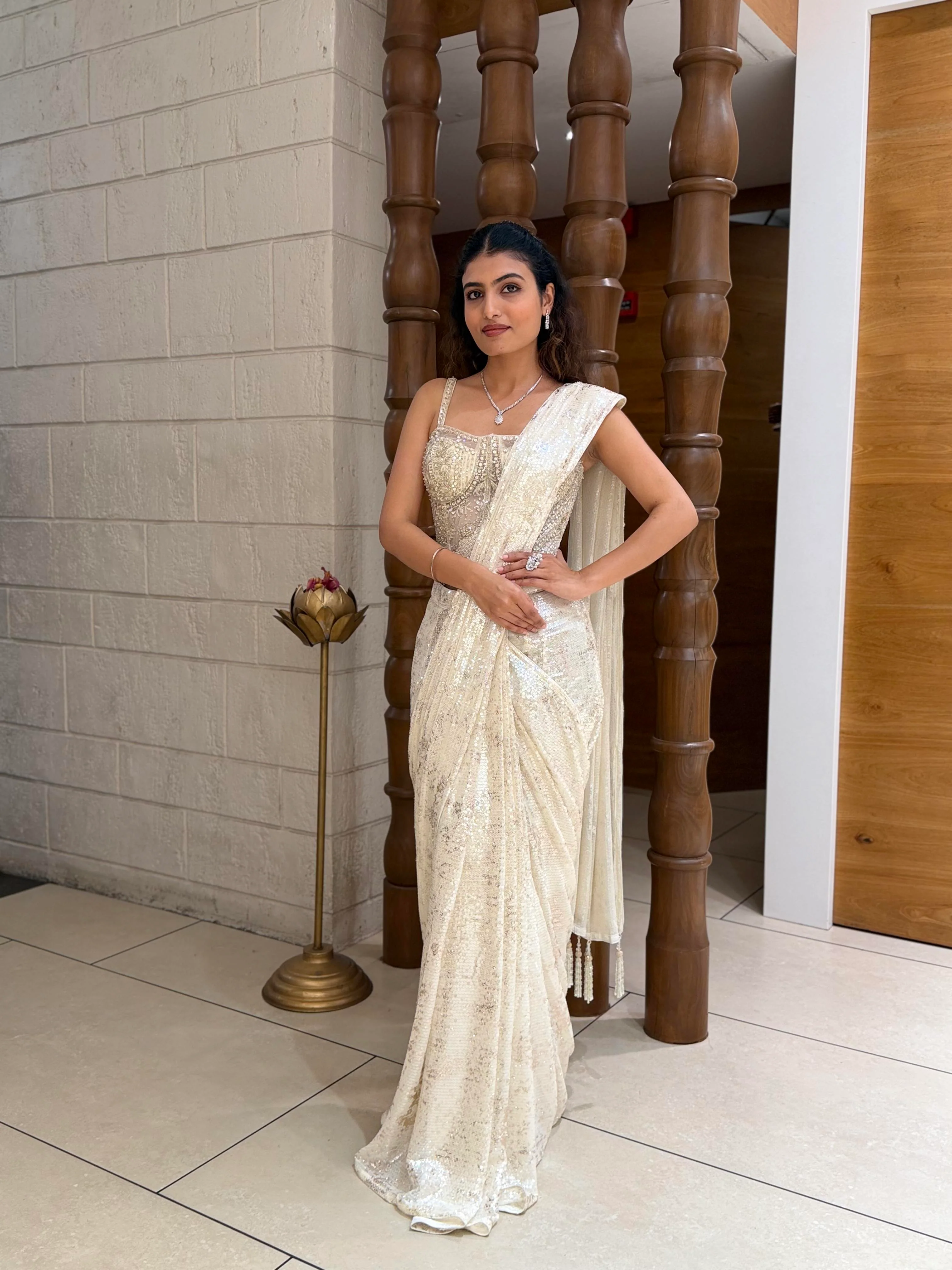 Ivory Sequin Ready-to-Wear Saree with Embellished Corset Blouse - Image 6
