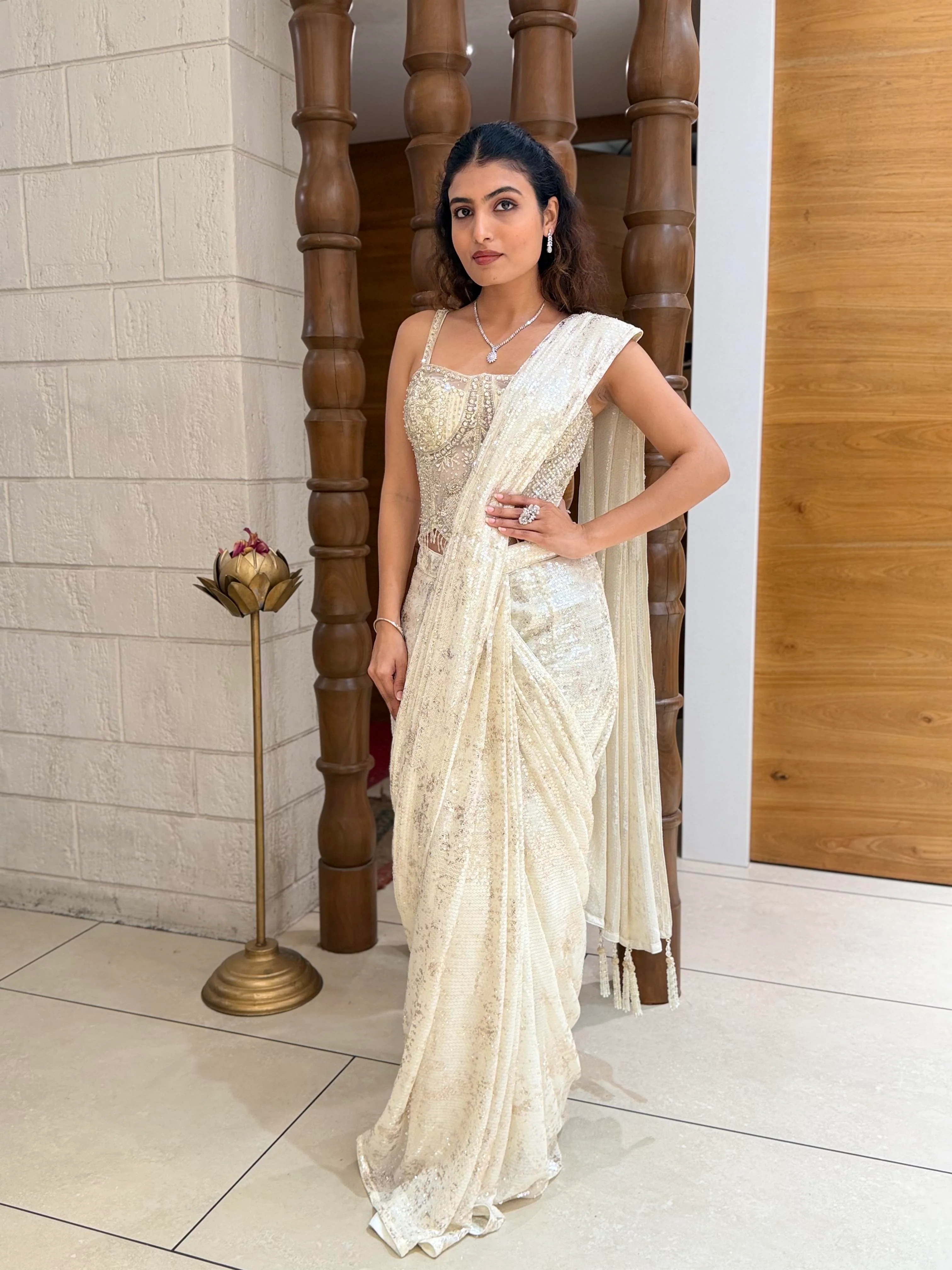 Ivory Sequin Ready-to-Wear Saree with Embellished Corset Blouse - Image 7