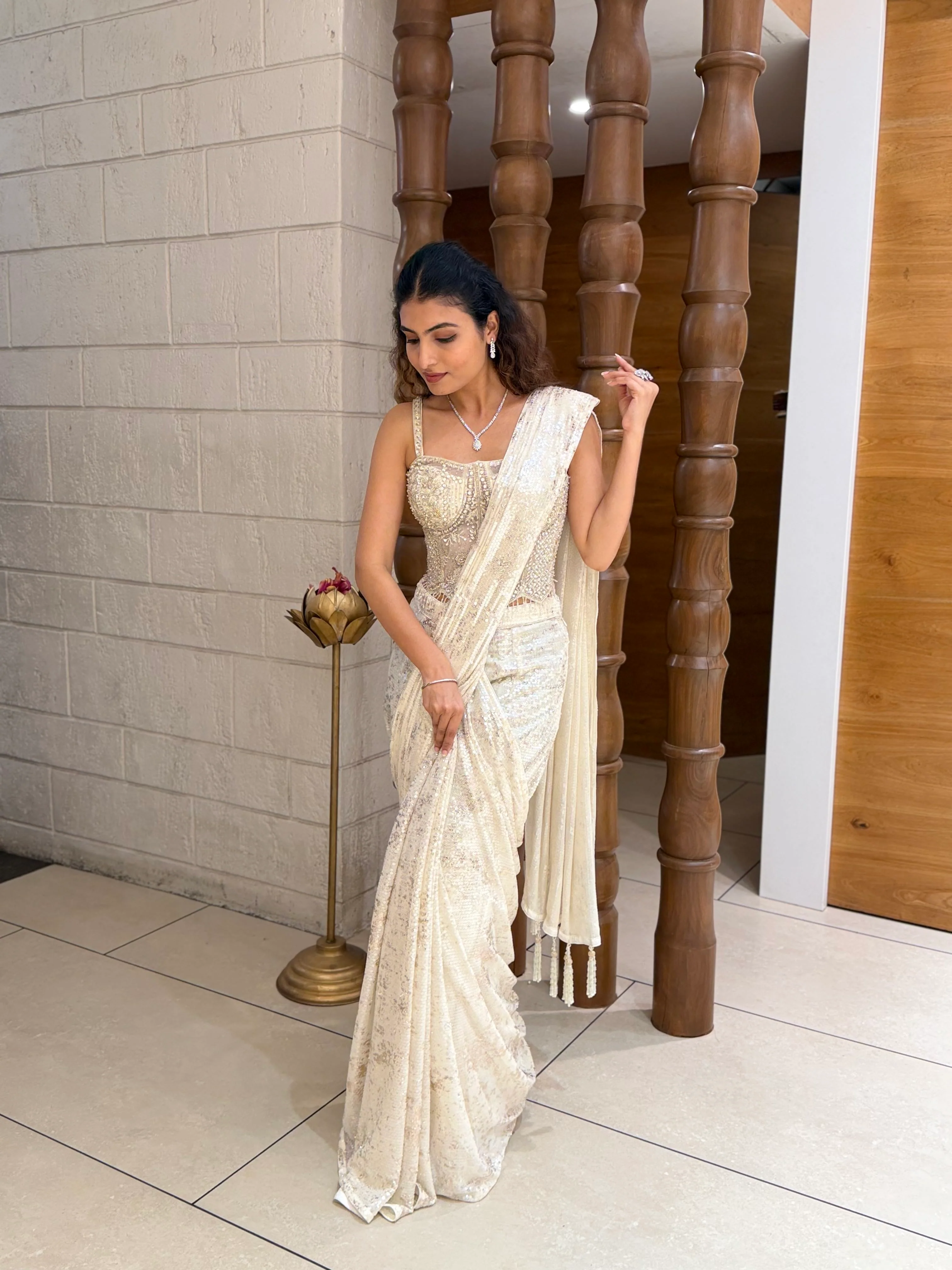 Ivory Sequin Ready-to-Wear Saree with Embellished Corset Blouse - Image 8