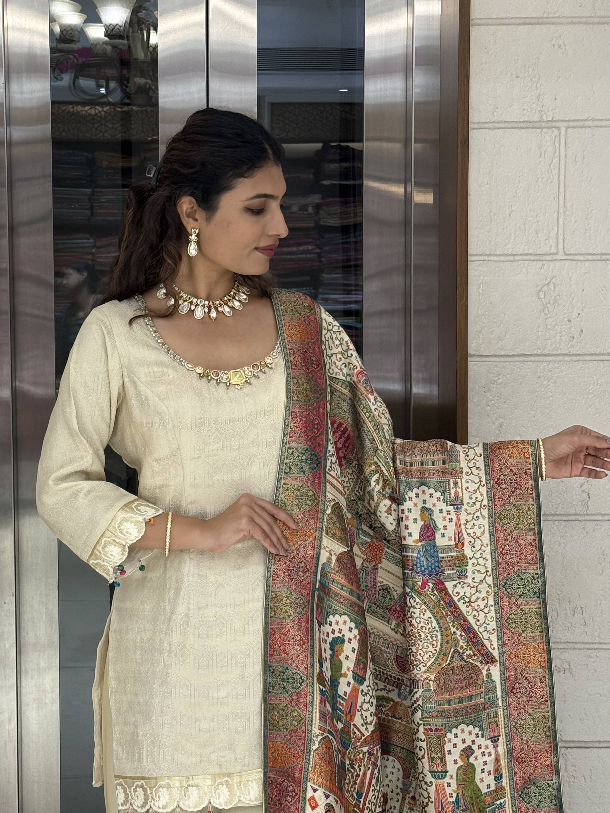Ivory Silk Designer Straight-Cut Suit Set with Heavy Multicolour Heritage Weaving Dupatta - Image 2