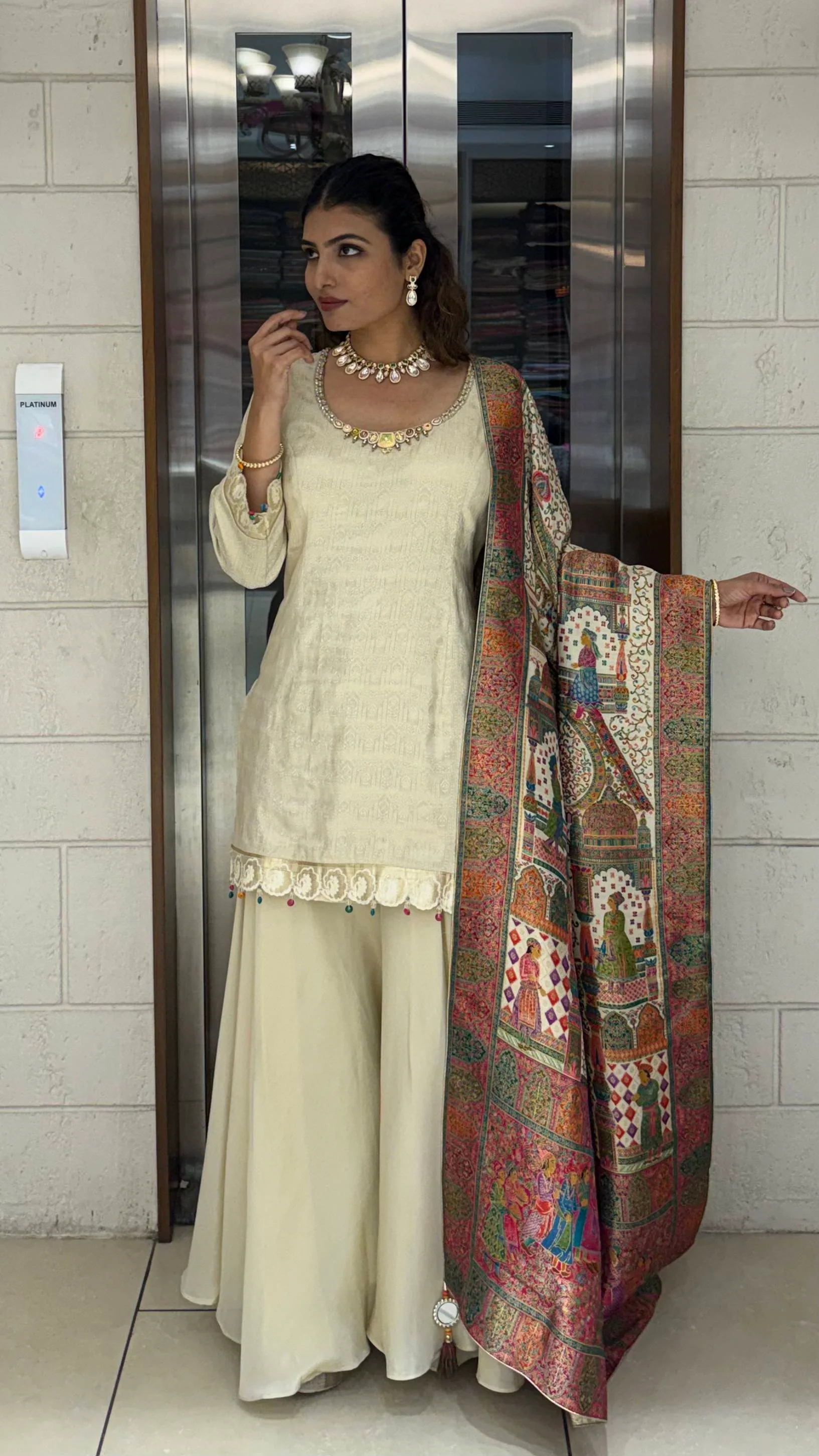 Ivory Silk Designer Straight-Cut Suit Set with Heavy Multicolour Heritage Weaving Dupatta - Image 3