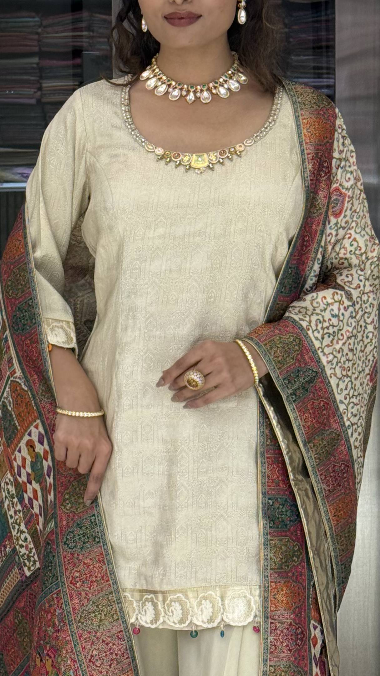 Ivory Silk Designer Straight-Cut Suit Set with Heavy Multicolour Heritage Weaving Dupatta - Image 4