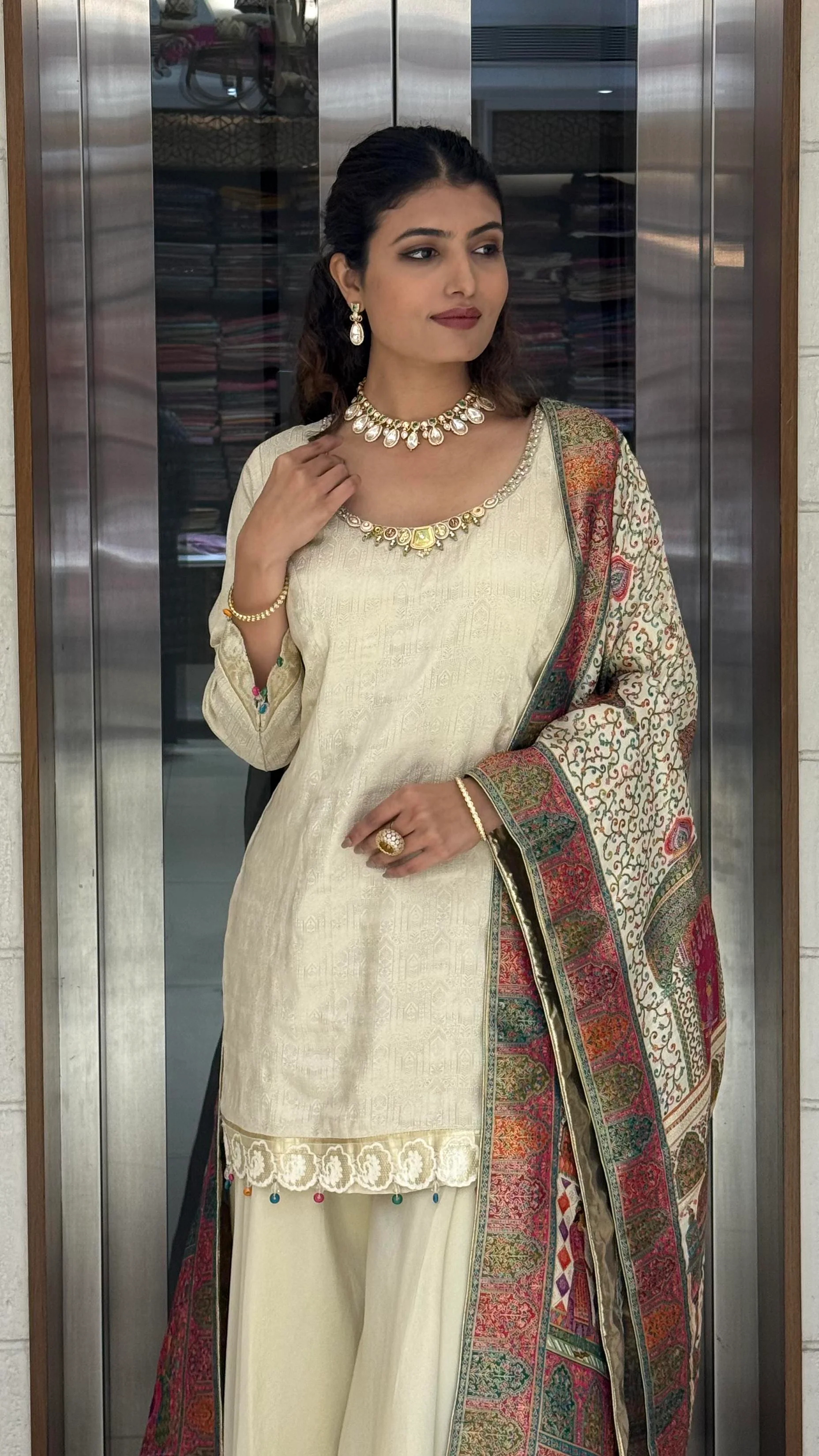 Ivory Silk Designer Straight-Cut Suit Set with Heavy Multicolour Heritage Weaving Dupatta - Image 5