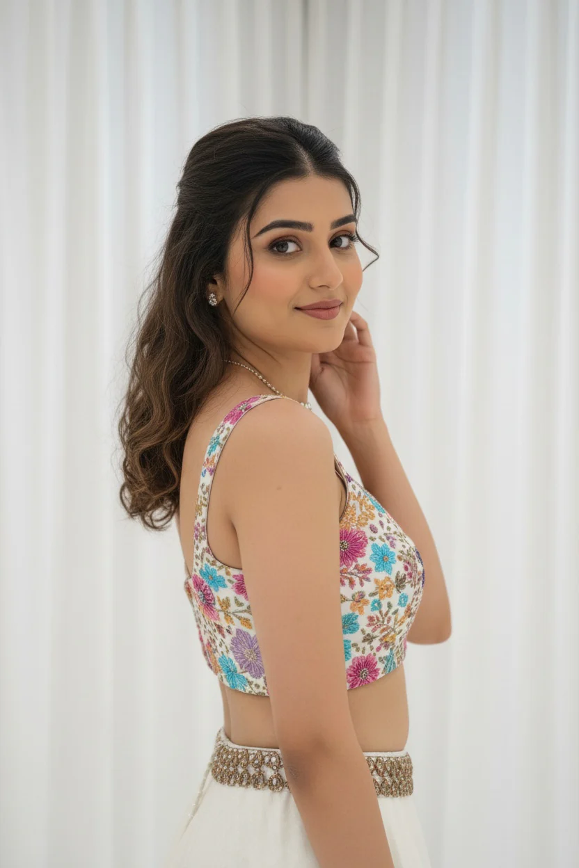 Ivory Silk Lehenga with Multicolor Floral Mirror Embroidery – Festive Bloom Collection - Image 3