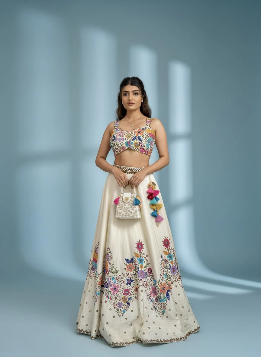 Ivory Silk Lehenga with Multicolor Floral Mirror Embroidery – Festive Bloom Collection - Image 4