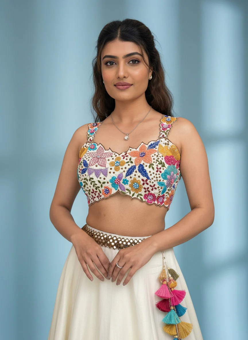 Ivory Silk Lehenga with Multicolor Floral Mirror Embroidery – Festive Bloom Collection - Image 5