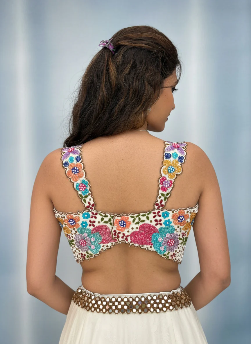 Ivory Silk Lehenga with Multicolor Floral Mirror Embroidery – Festive Bloom Collection - Image 6