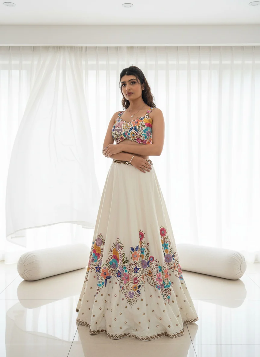 Ivory Silk Lehenga with Multicolor Floral Mirror Embroidery – Festive Bloom Collection - Image 7