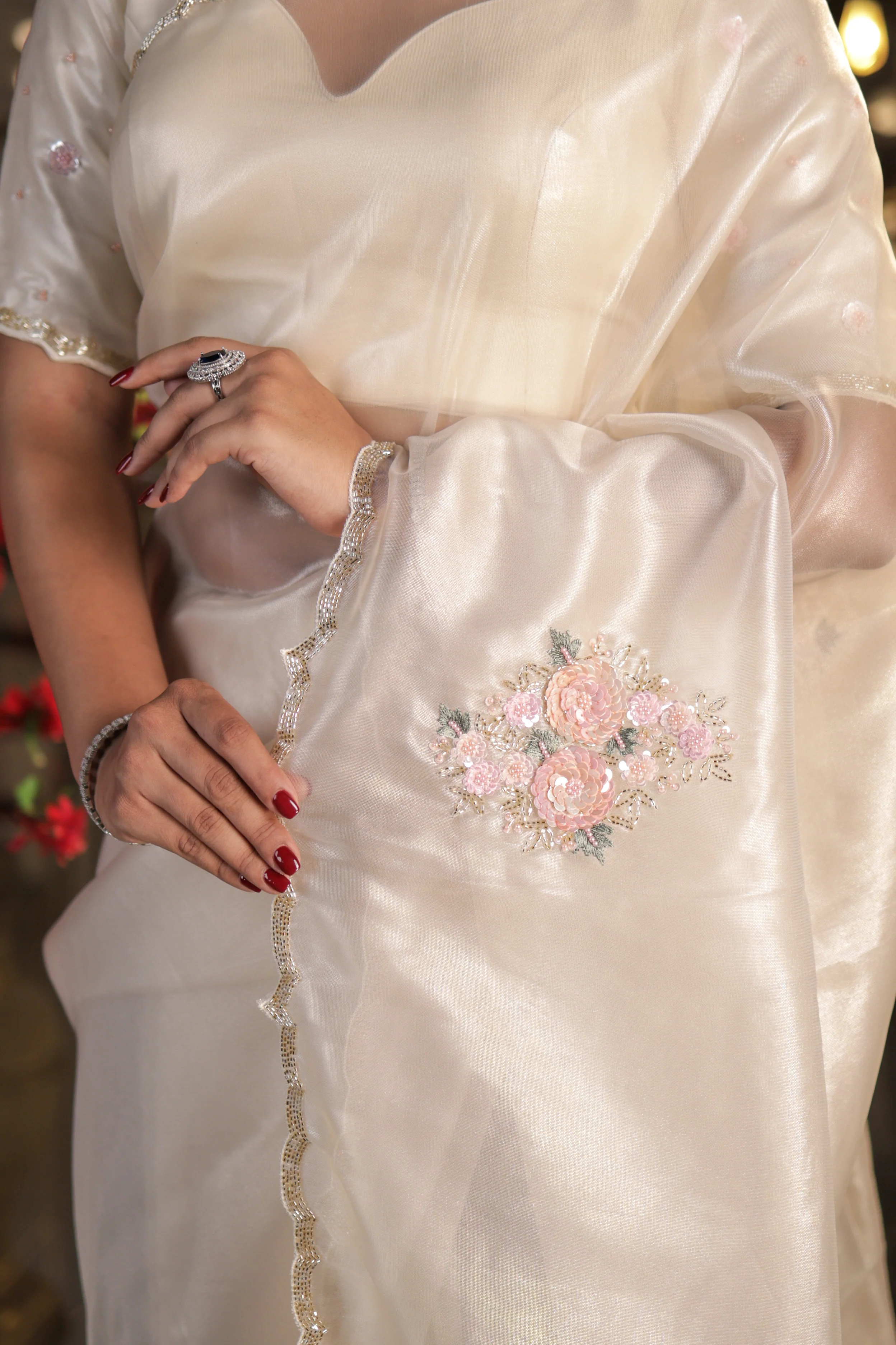 Ivory Tissue Silk Saree with Hand-Embroidered Floral Sequins Unstitched Blouse - Image 3