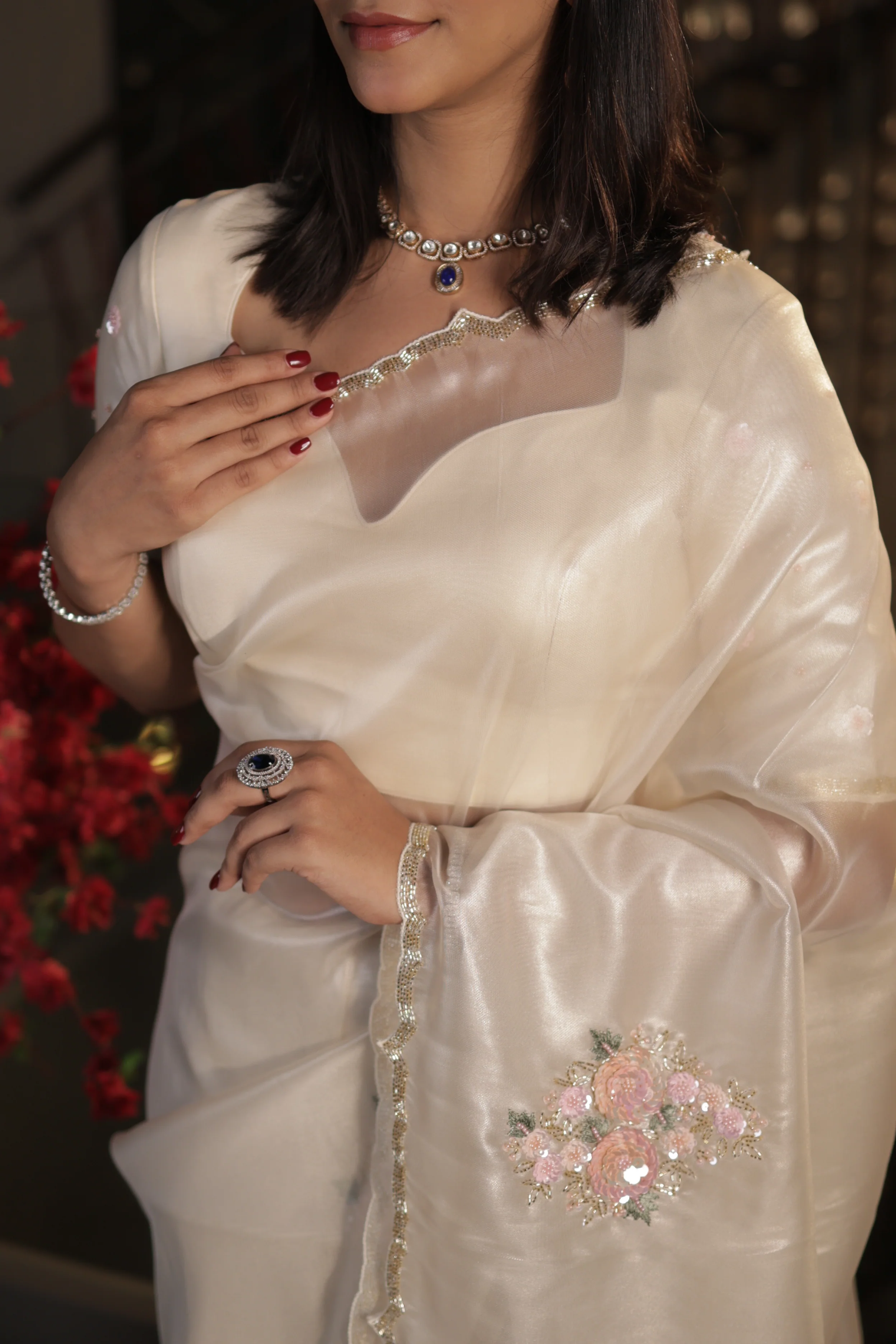 Ivory Tissue Silk Saree with Hand-Embroidered Floral Sequins Unstitched Blouse - Image 4