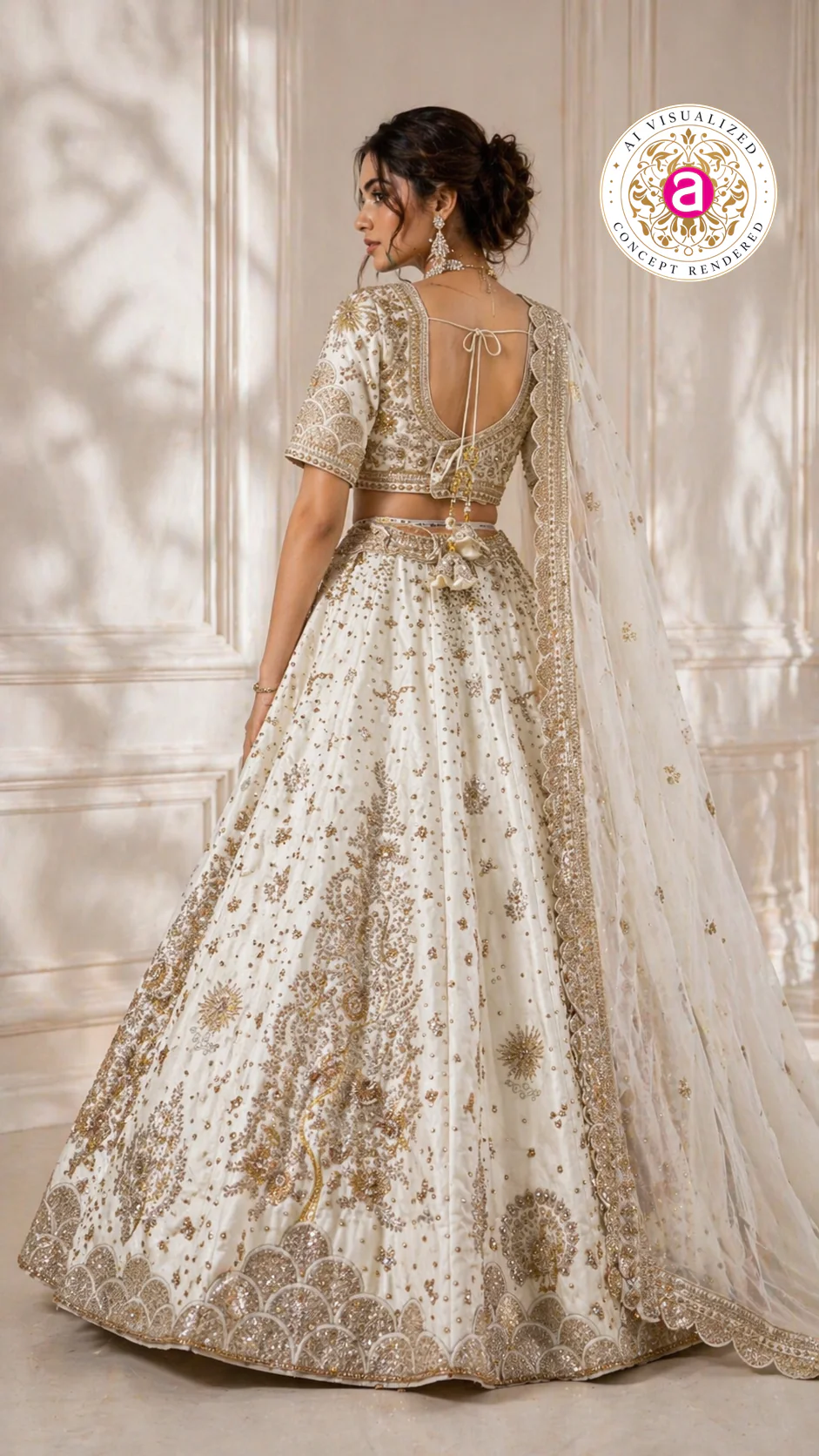 Ivory White Designer Lehenga Set with Gold Embroidery and Net Dupatta - Image 2