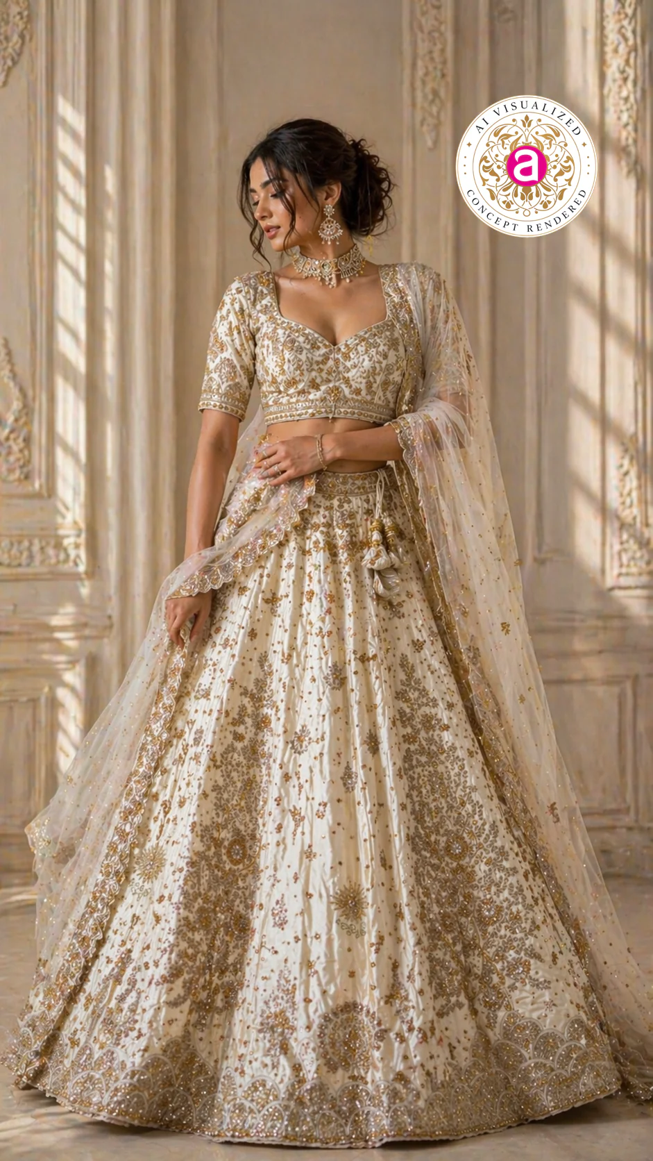 Ivory White Designer Lehenga Set with Gold Embroidery and Net Dupatta - Image 3