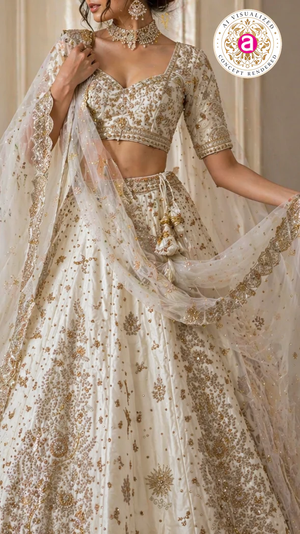 Ivory White Designer Lehenga Set with Gold Embroidery and Net Dupatta - Image 4