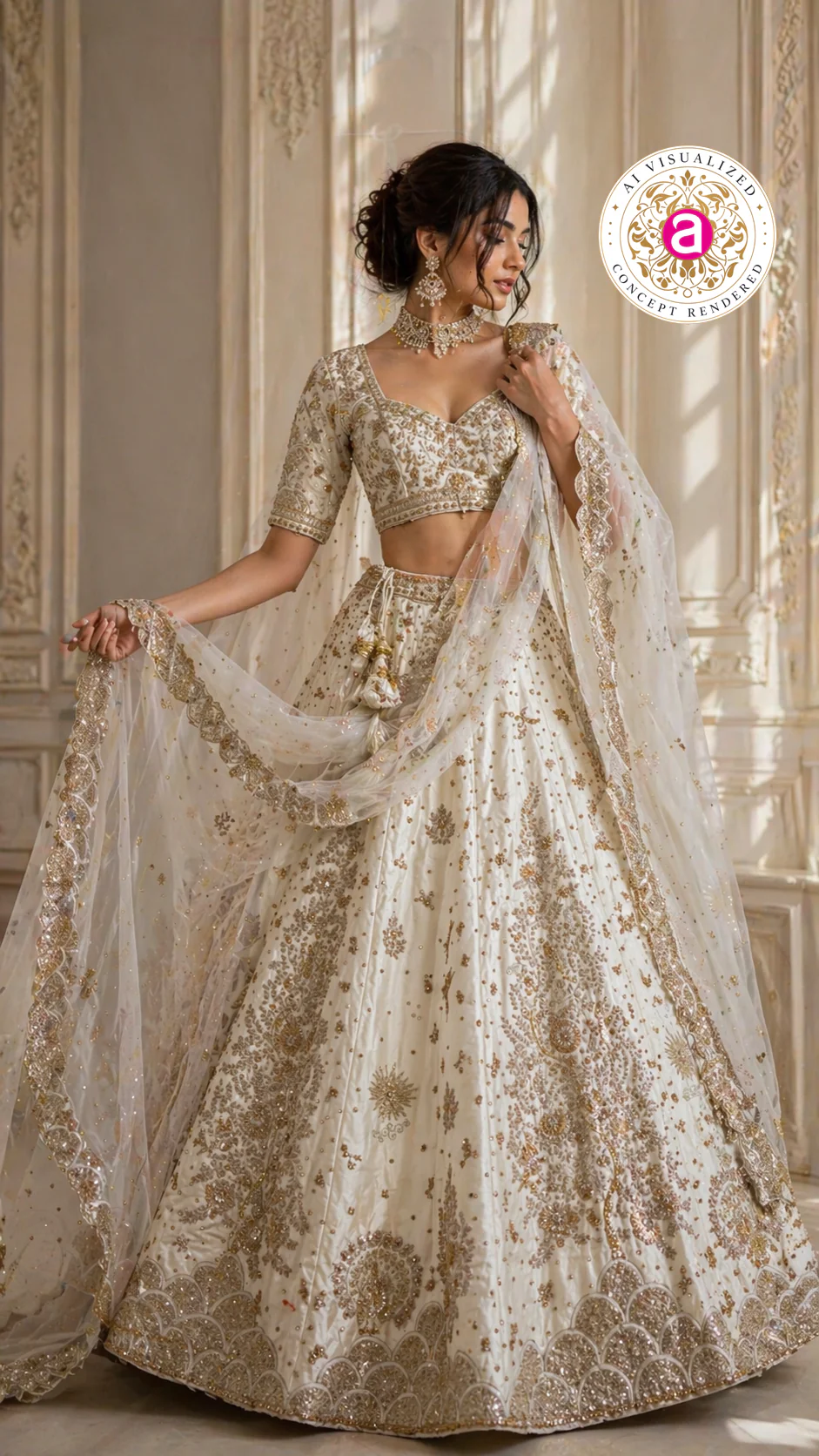 Ivory White Designer Lehenga Set with Gold Embroidery and Net Dupatta - Image 5