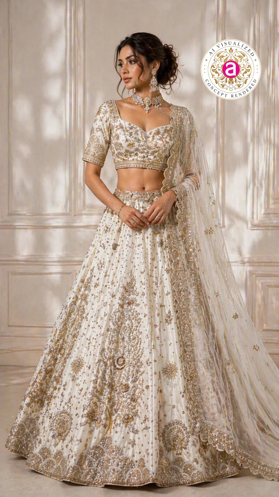 Ivory White Designer Lehenga Set with Gold Embroidery and Net Dupatta - Image 6