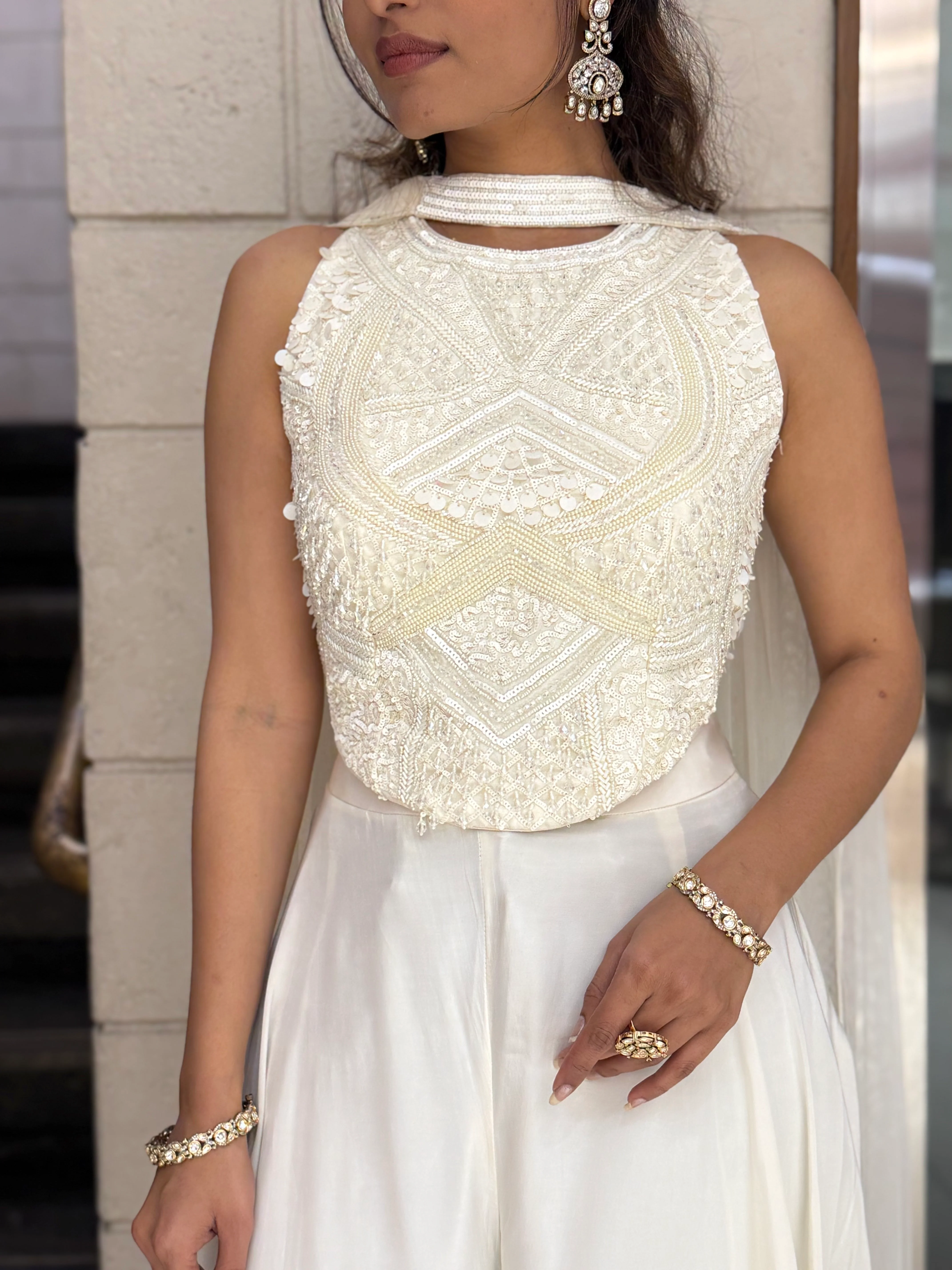 Ivory White Embellished Indo-Western Sleeveless Top with Flowing Palazzo & Cape Dupatta - Image 2