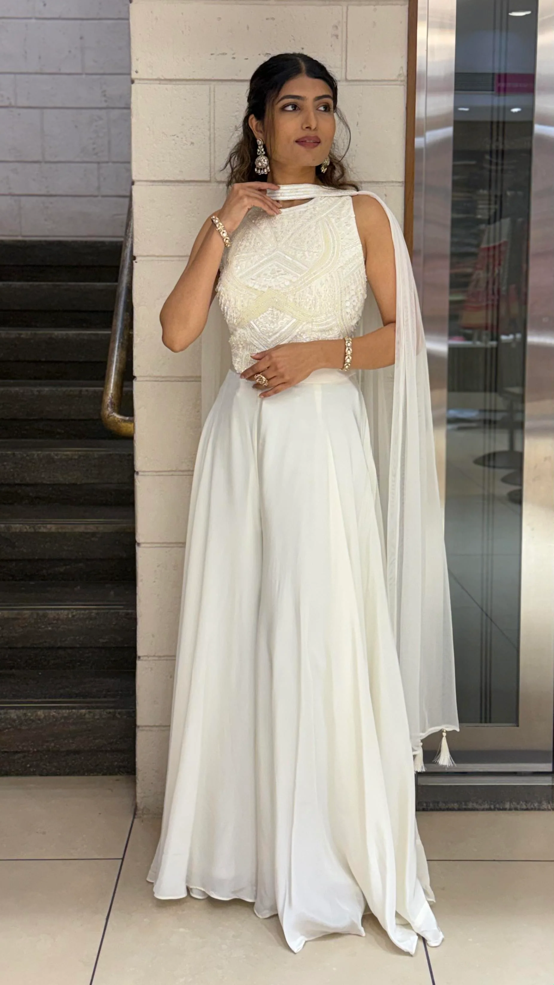 Ivory White Embellished Indo-Western Sleeveless Top with Flowing Palazzo & Cape Dupatta - Image 3